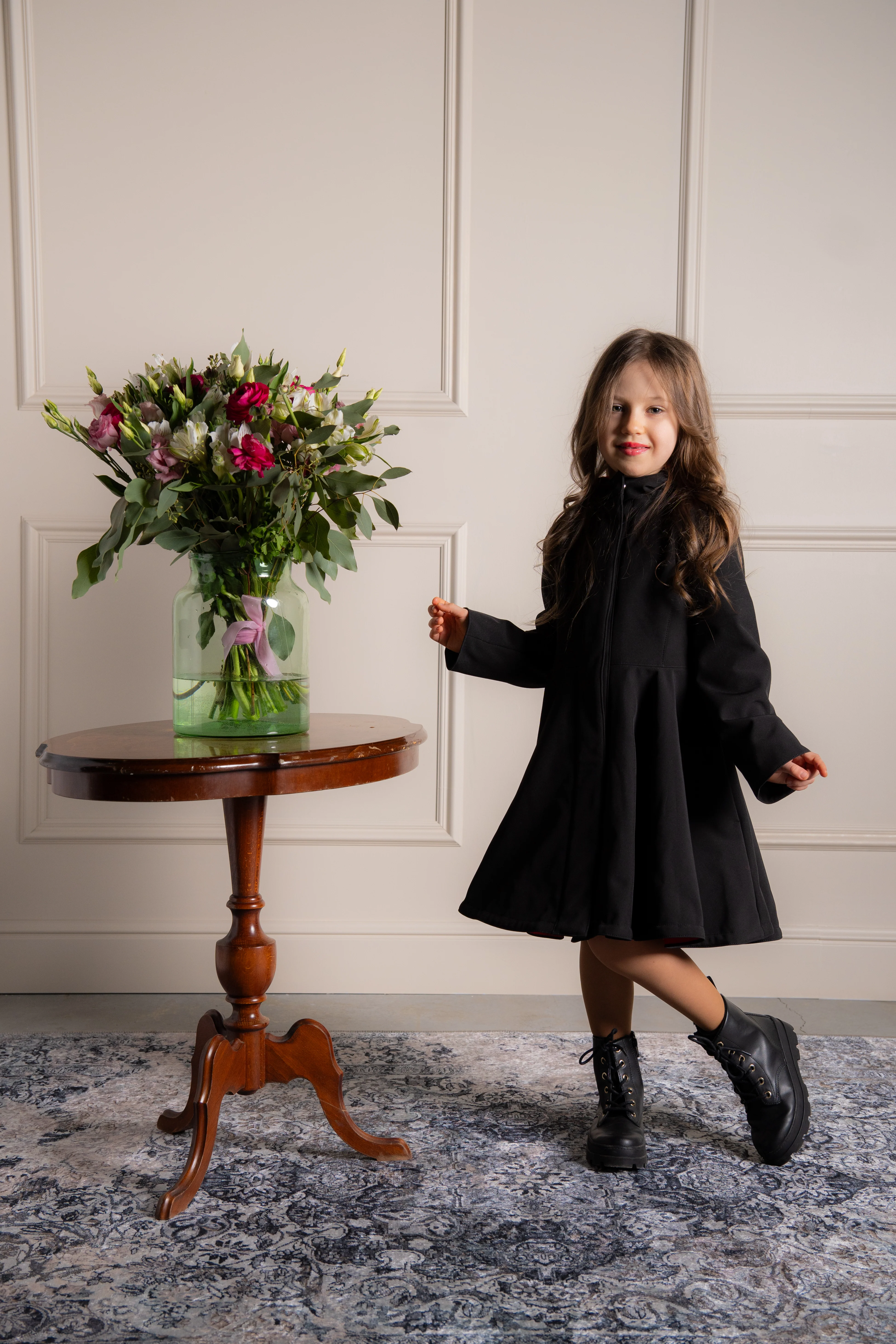 Black Girl's Coat with Bright Red Lining | Raven Red - Image 3