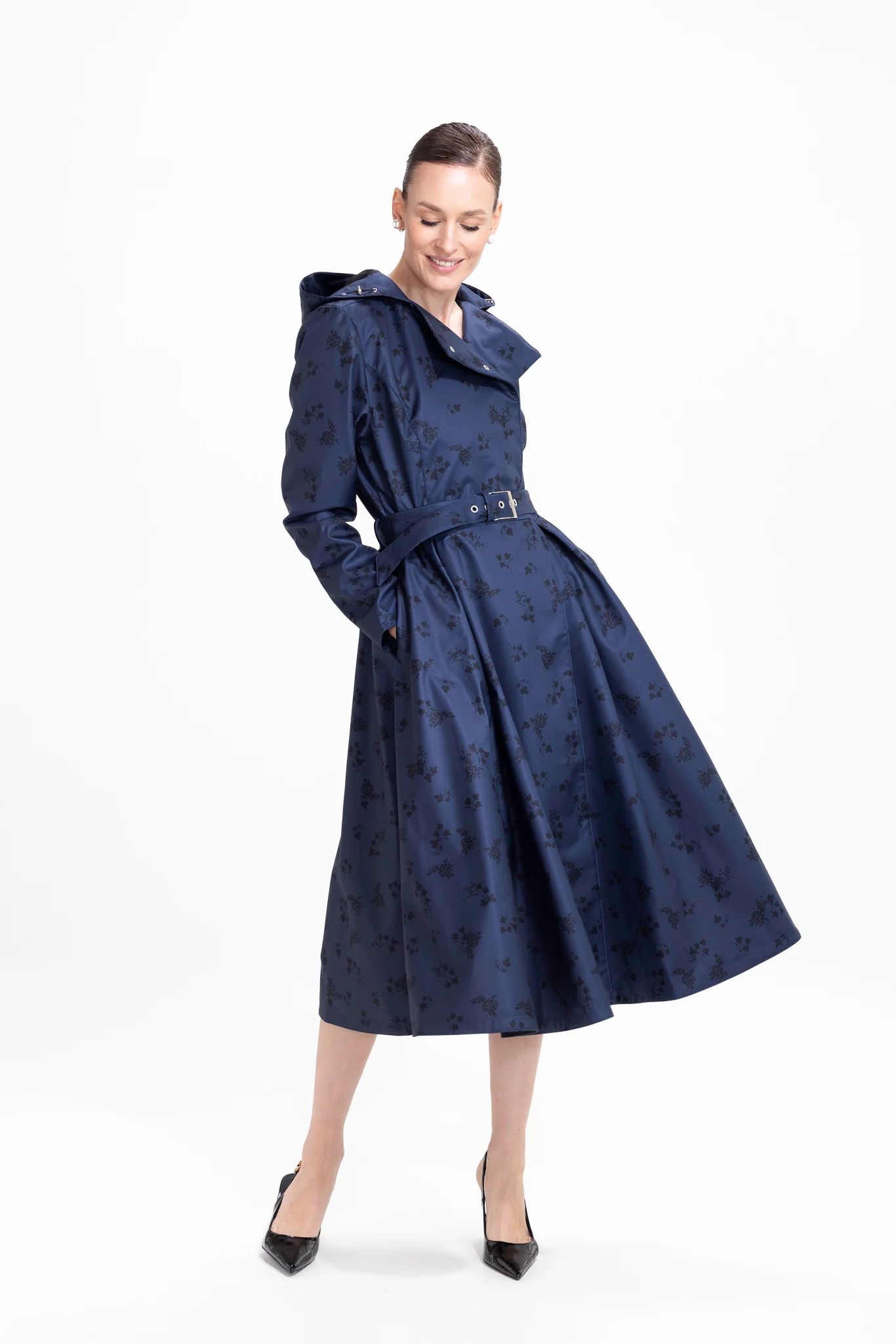 Double Breasted Trench Coat in Dark Blue with Black Floral Print | Blue Frost