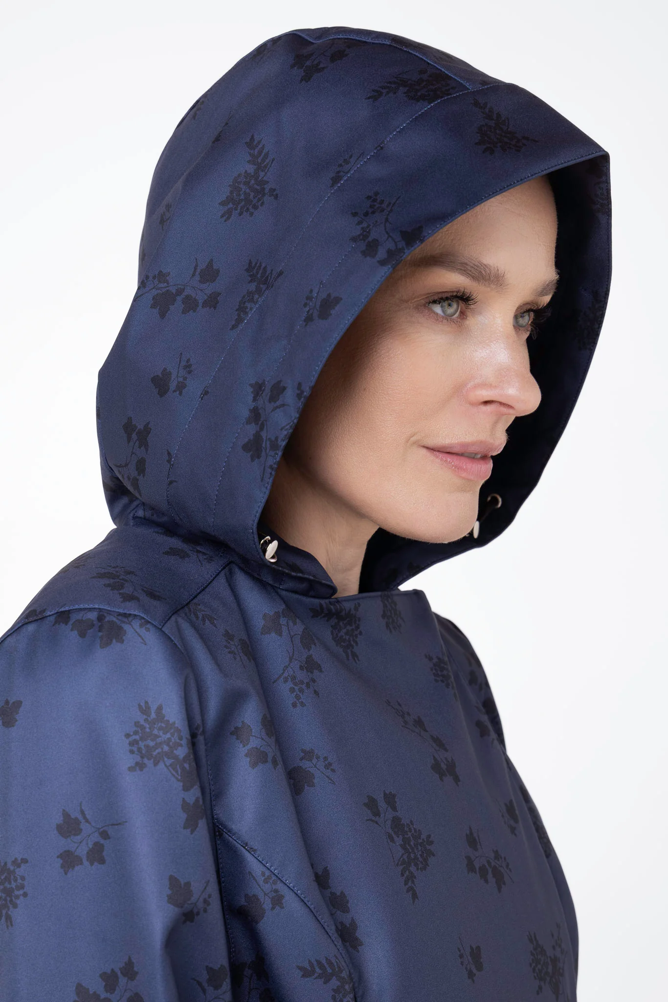 Double Breasted Trench Coat in Dark Blue with Black Floral Print | Blue Frost - Image 7