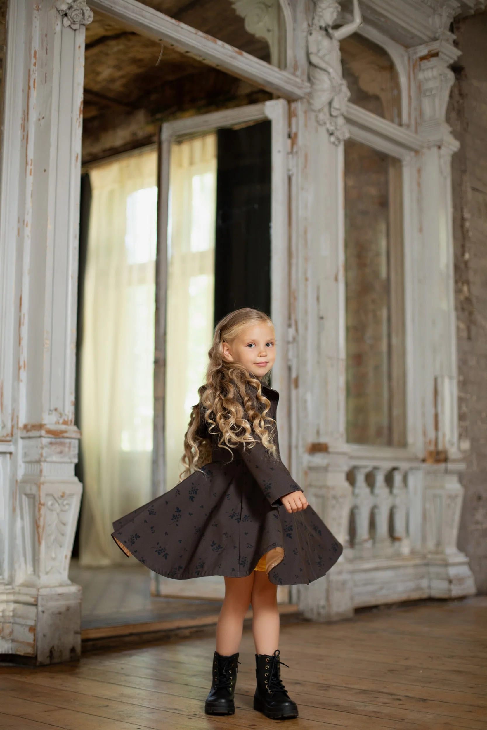 Dark Brown Coat with Black Floral Print for Girls | Velvet Leaves