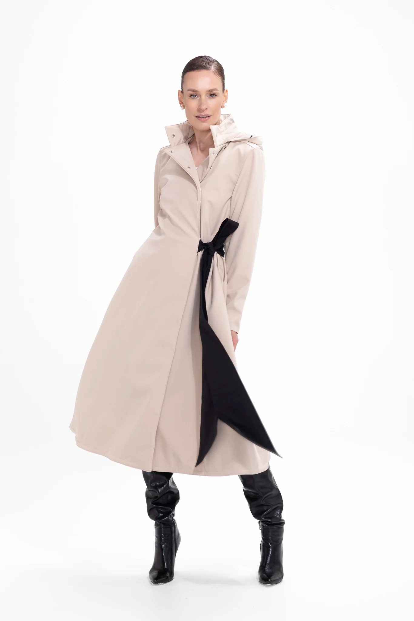 Beige Double Breasted Coat with Trapeze Cut with a Bow | Desirable Bow - Image 4