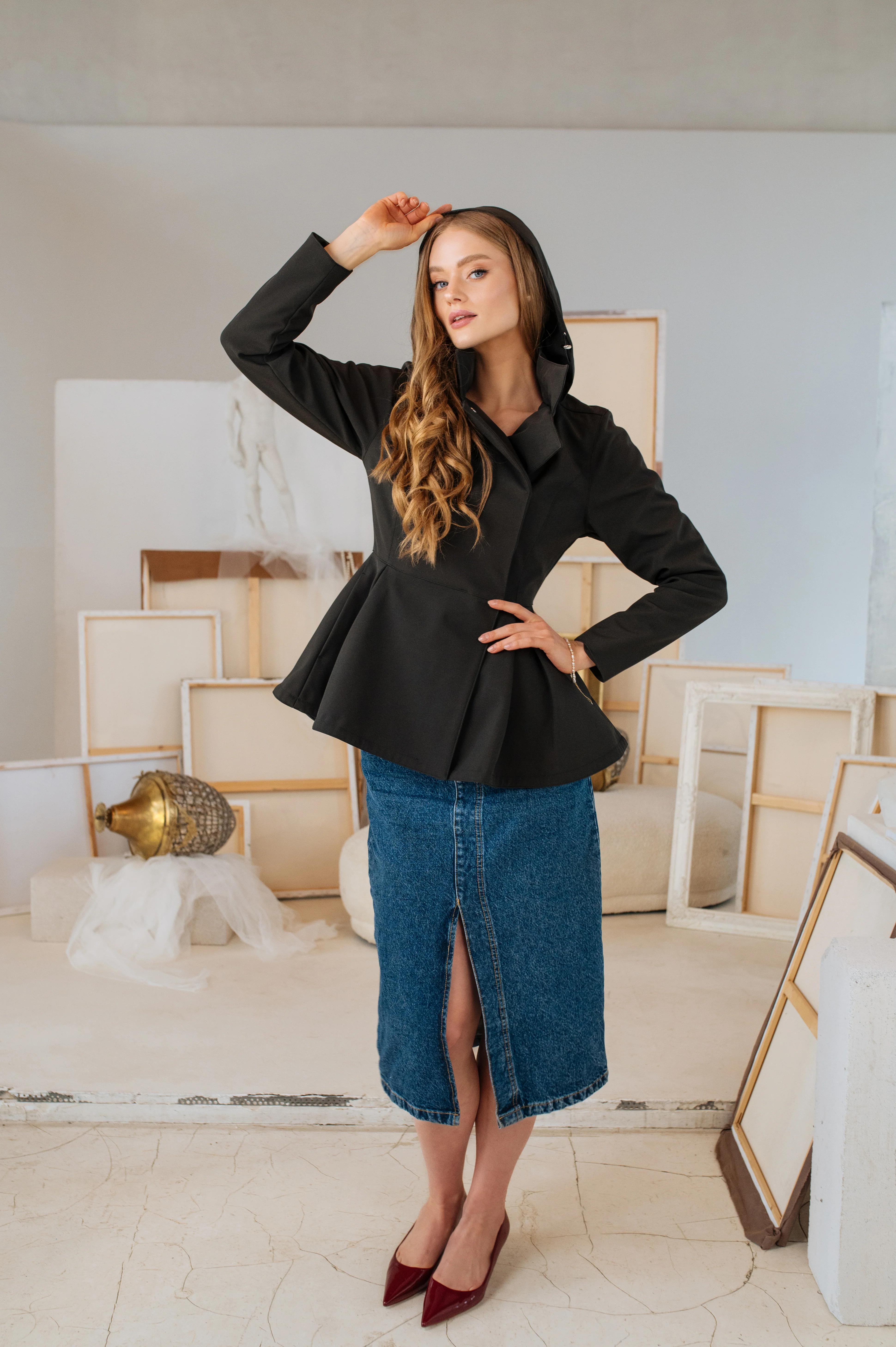 Double Breasted Jacket with Detachable Hood in Black | Evening Blush - Image 6