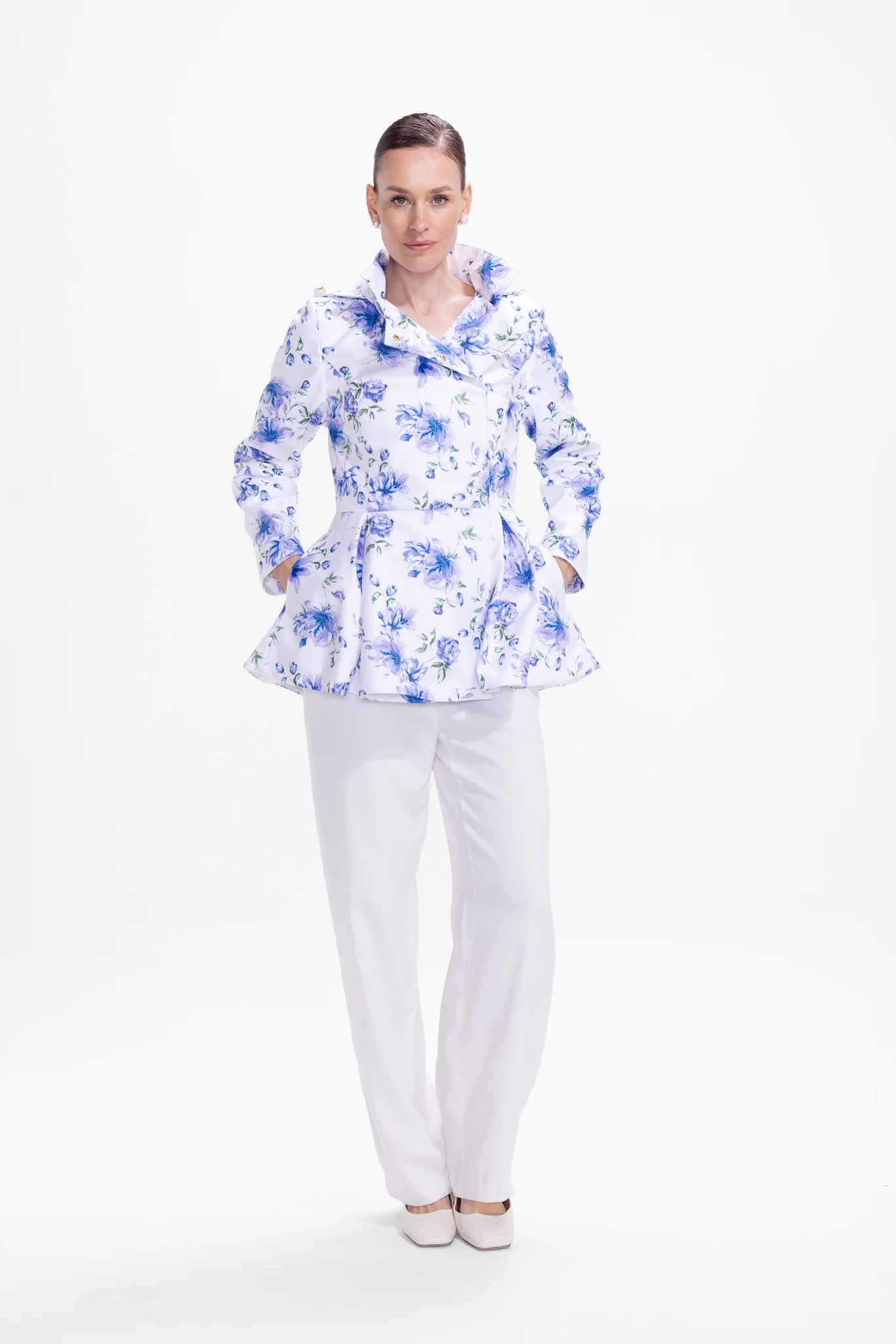 Double Breasted Jacket with Detachable Hood in White with Blue Flower Print | Blue Whisper