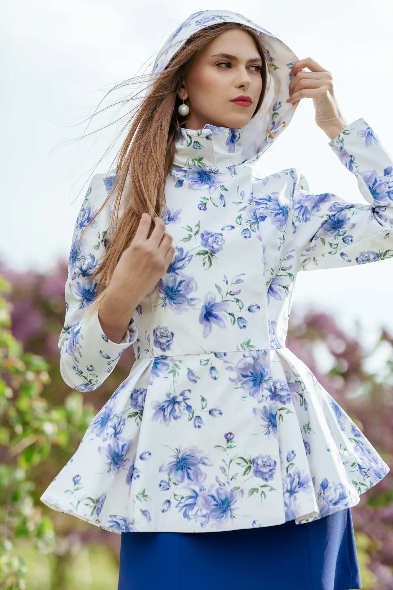 Double Breasted Jacket with Detachable Hood in White with Blue Flower Print | Blue Whisper - Image 2