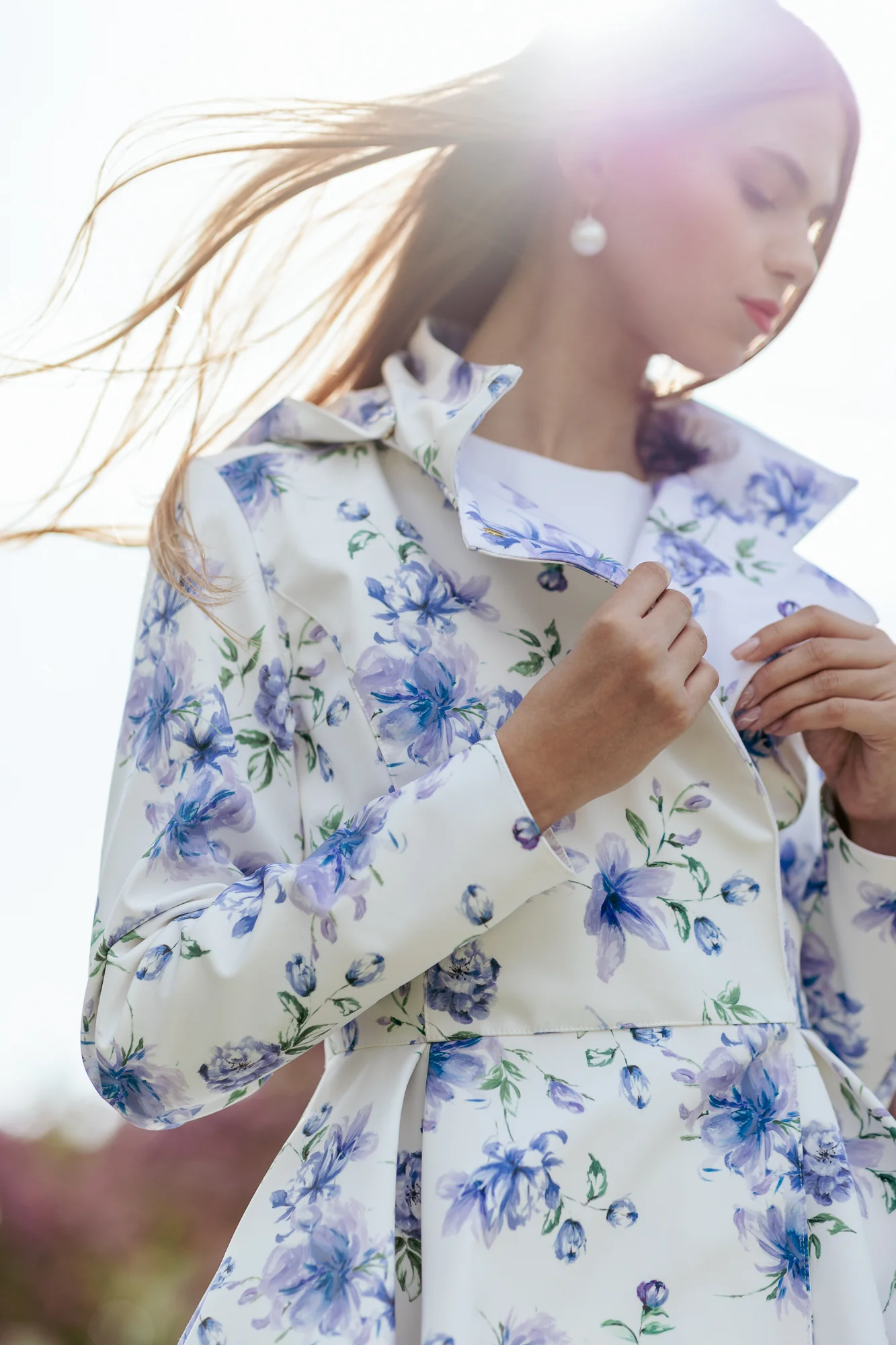 Double Breasted Jacket with Detachable Hood in White with Blue Flower Print | Blue Whisper - Image 3