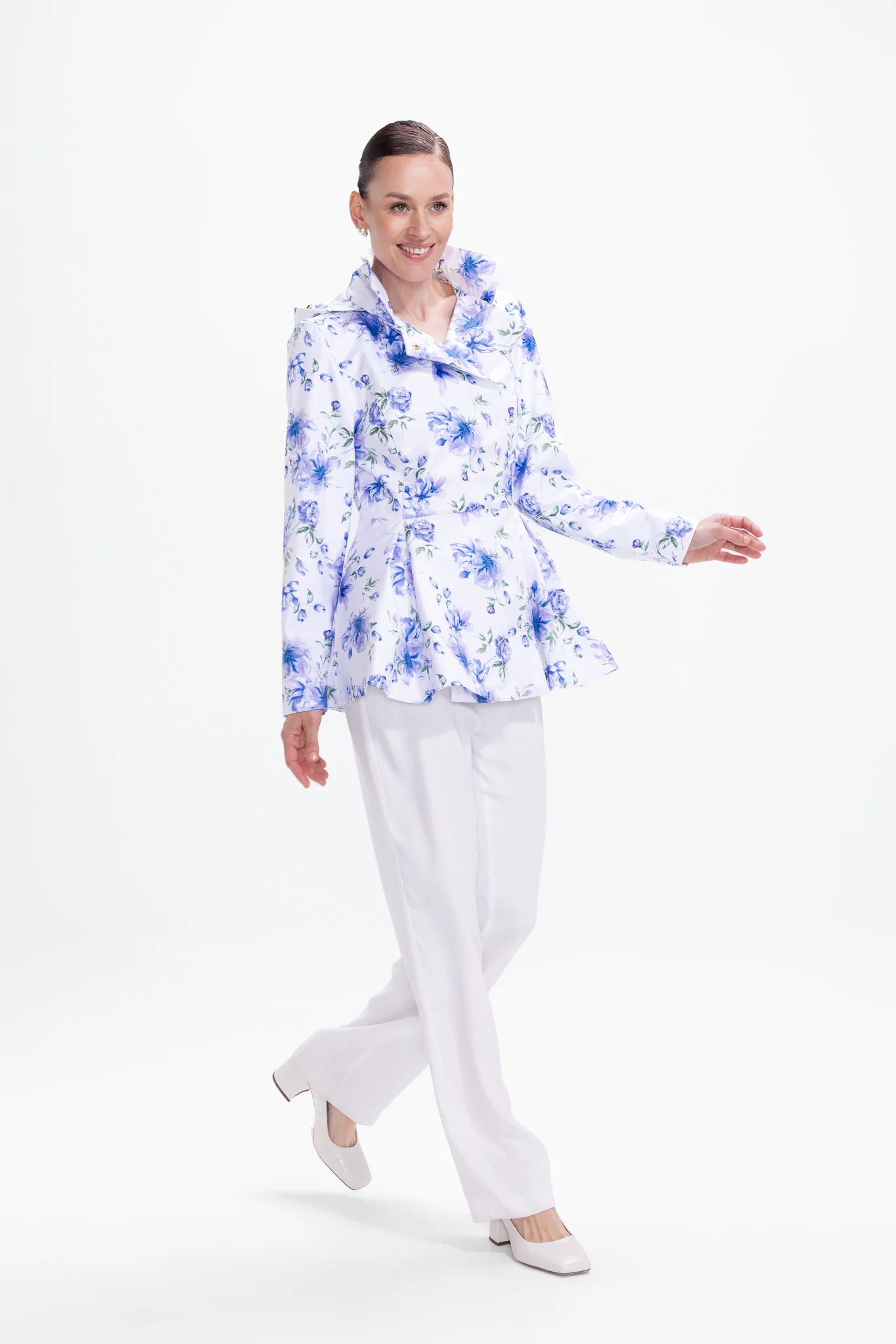 Double Breasted Jacket with Detachable Hood in White with Blue Flower Print | Blue Whisper - Image 4