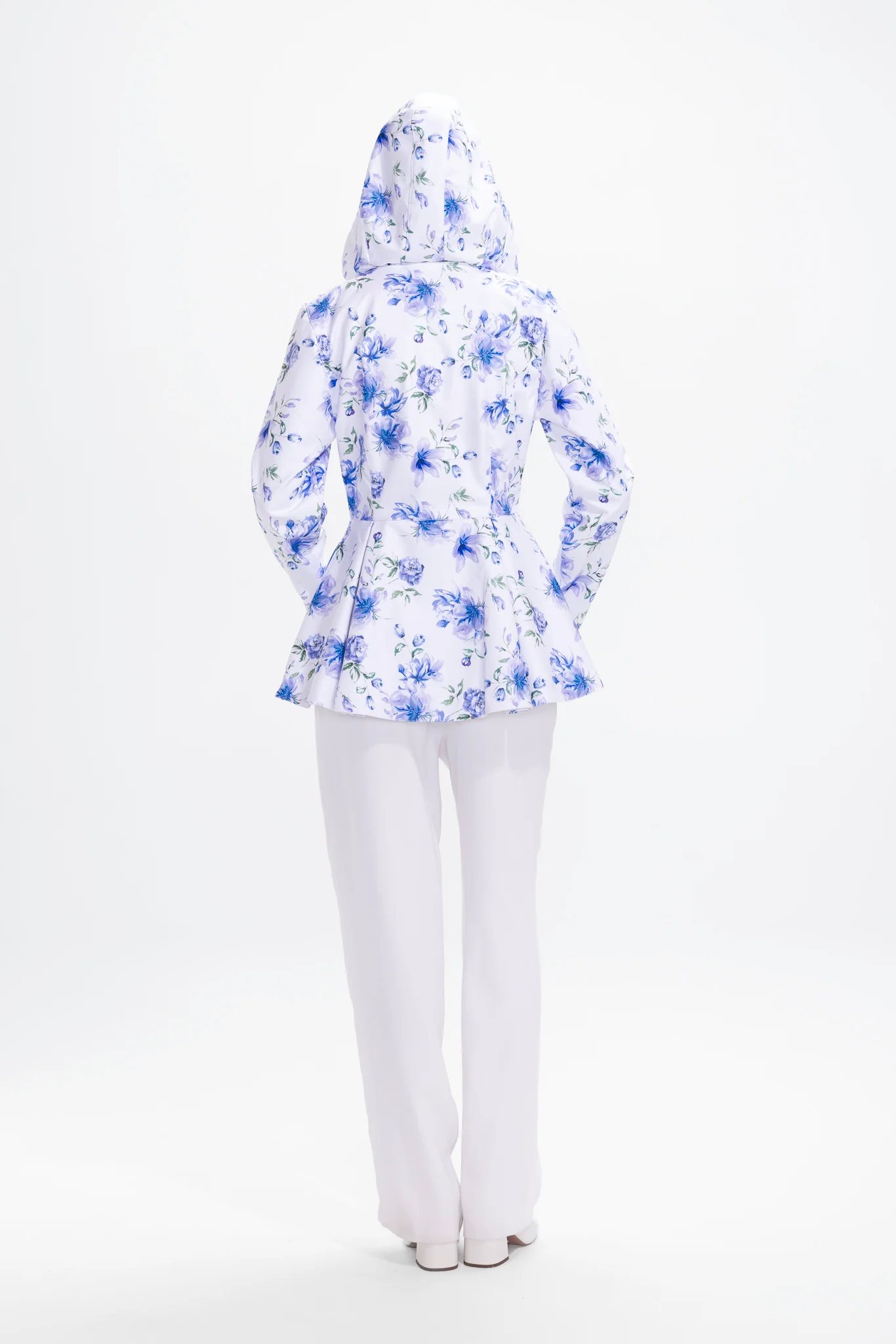 Double Breasted Jacket with Detachable Hood in White with Blue Flower Print | Blue Whisper - Image 5