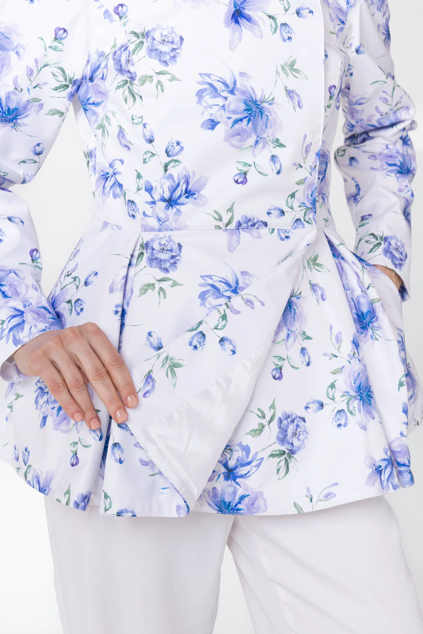Double Breasted Jacket with Detachable Hood in White with Blue Flower Print | Blue Whisper - Image 8