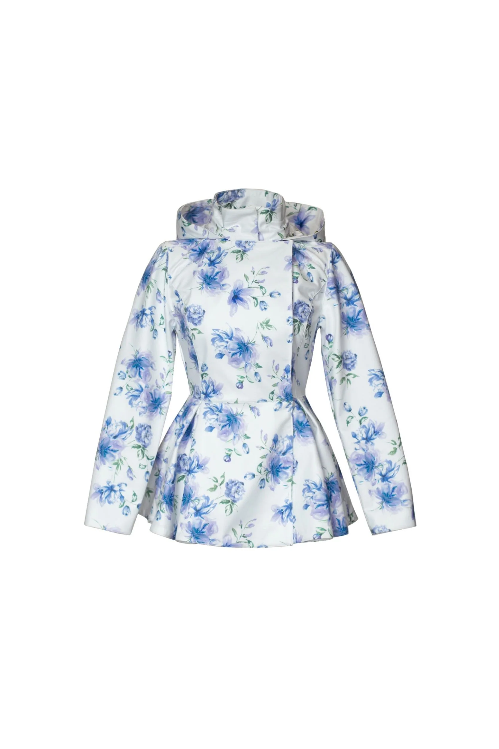 Double Breasted Jacket with Detachable Hood in White with Blue Flower Print | Blue Whisper - Image 9