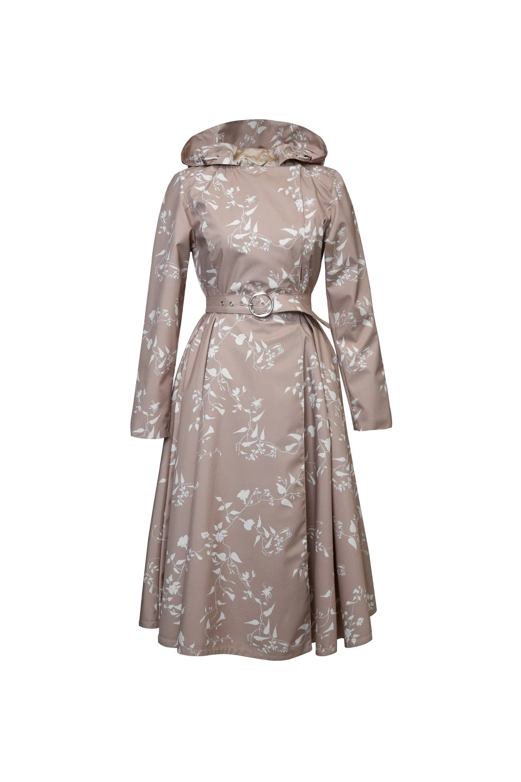 Double Breasted Trench Coat for Spring in Beige with White Floral Print | Powder Dream