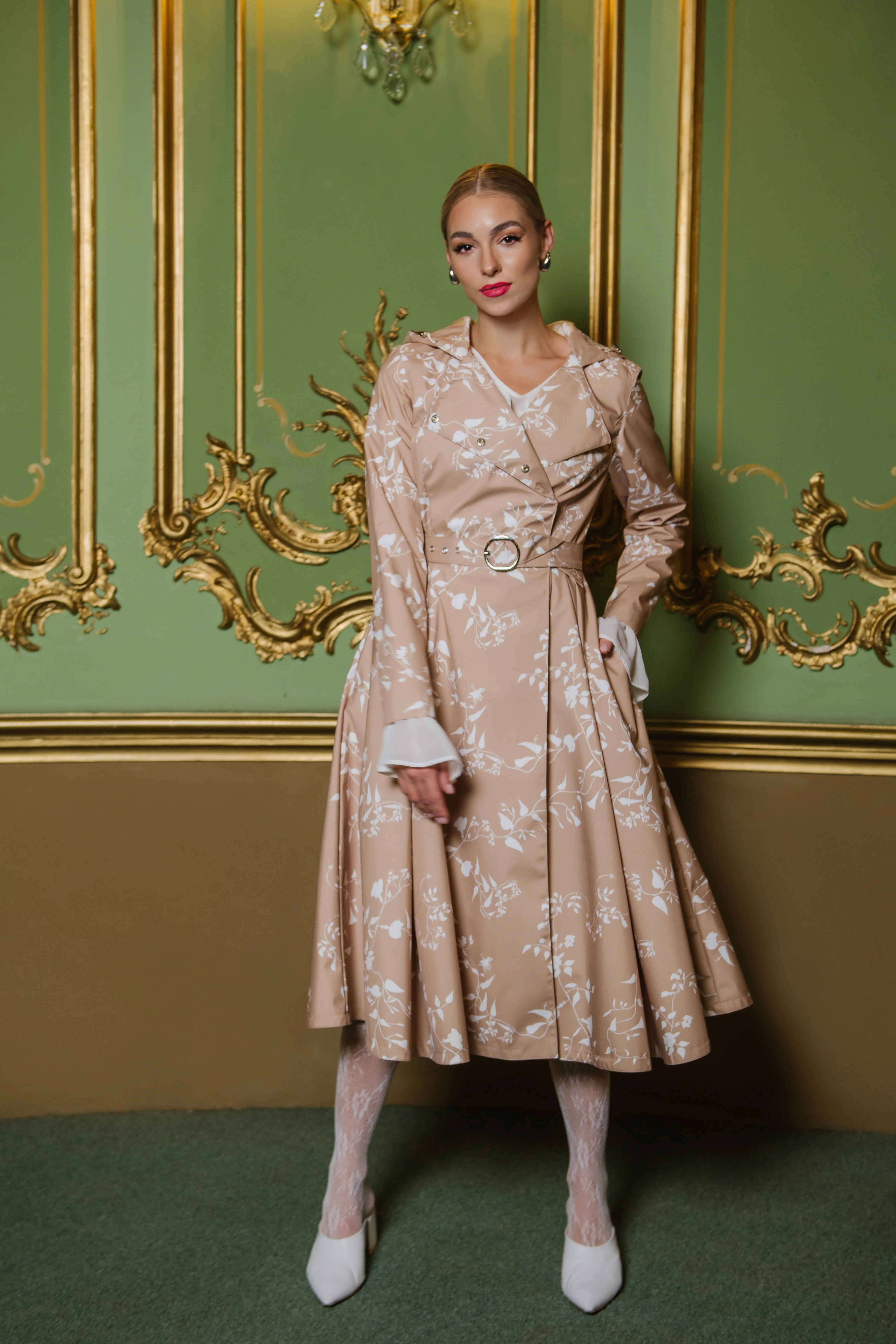 Double Breasted Trench Coat for Spring in Beige with White Floral Print | Powder Dream - Image 6