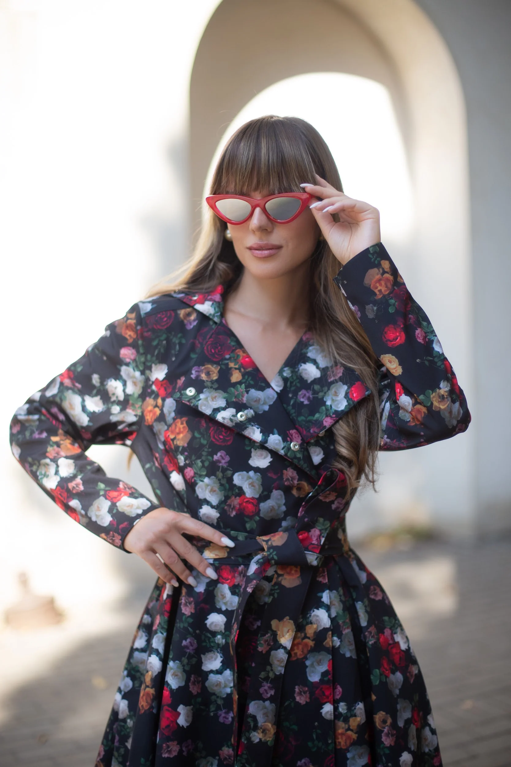 Double Breasted Trench Coat in Black and Red | Rose Garden - Image 3