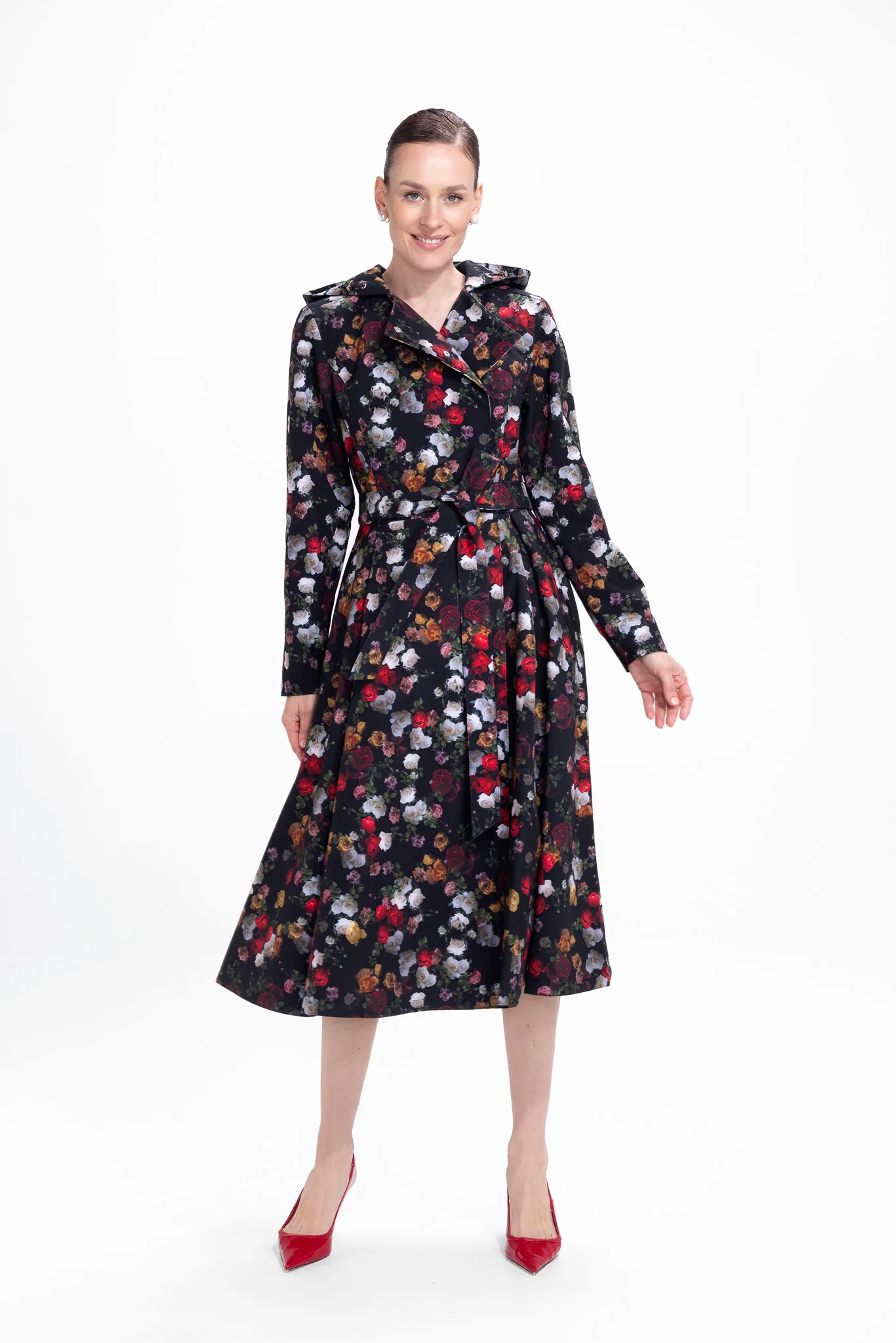 Double Breasted Trench Coat in Black and Red | Rose Garden - Image 4