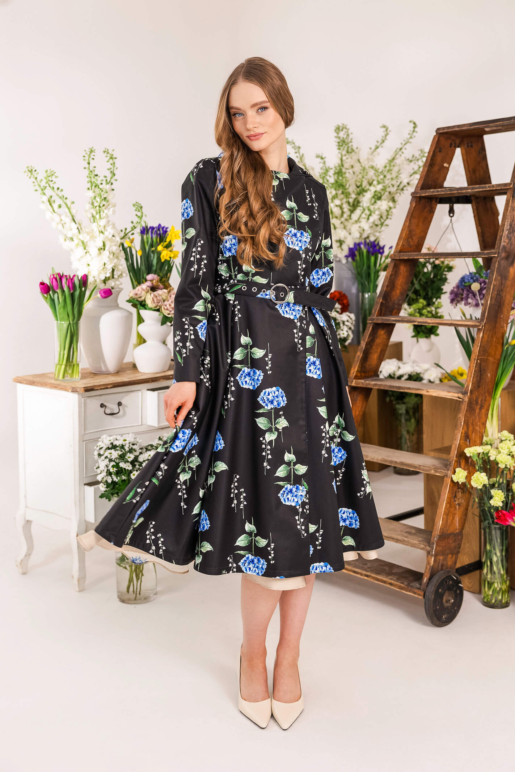 Double Breasted Trench Coat in Black with Floral Print | Flower Moon - Image 2