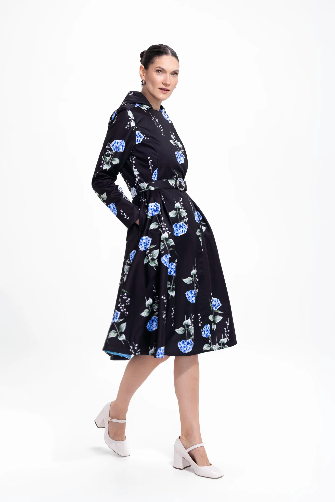 Double Breasted Trench Coat in Black with Floral Print | Flower Moon - Image 4