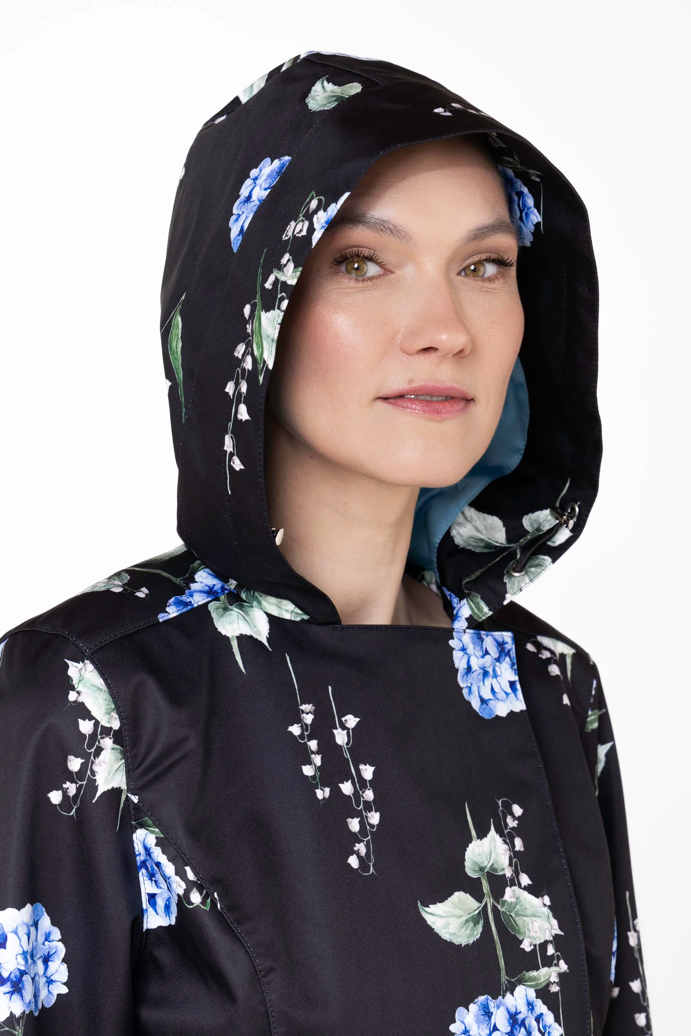 Double Breasted Trench Coat in Black with Floral Print | Flower Moon - Image 6