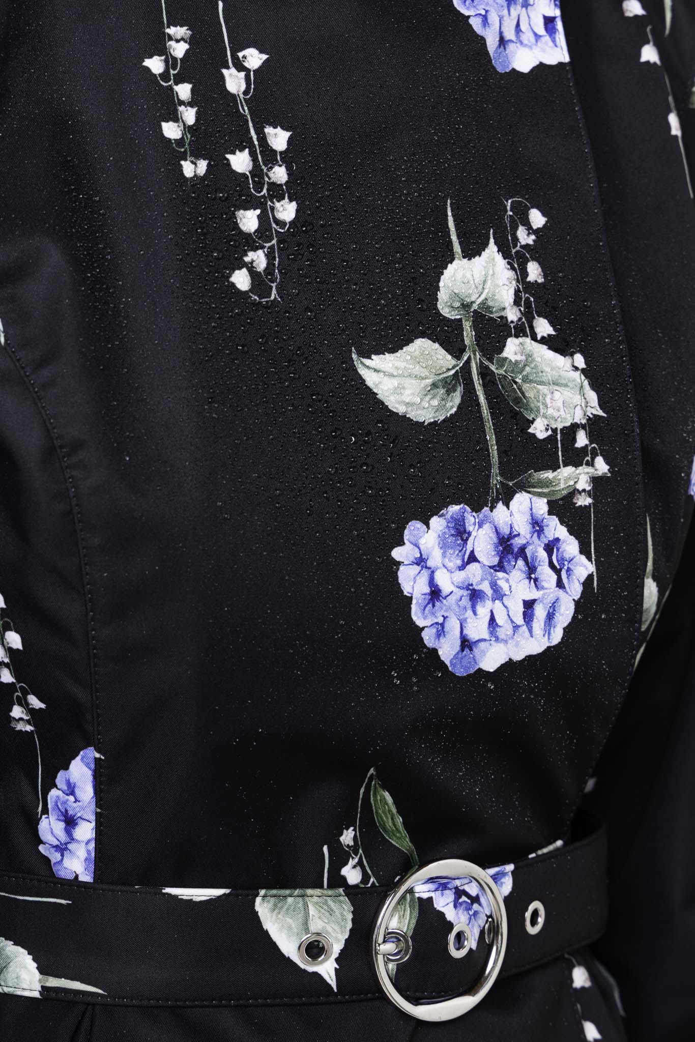 Double Breasted Trench Coat in Black with Floral Print | Flower Moon - Image 7