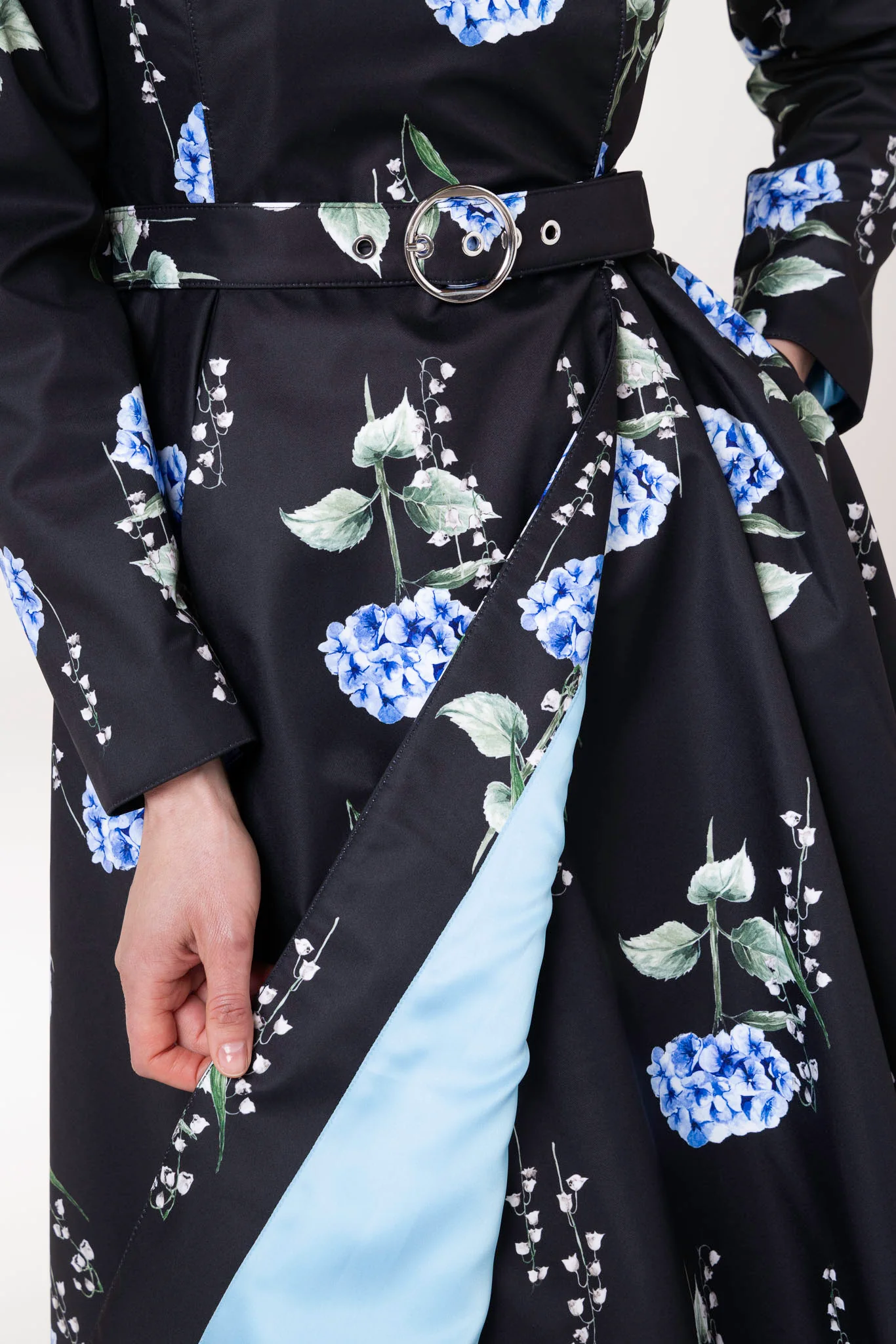 Double Breasted Trench Coat in Black with Floral Print | Flower Moon - Image 8