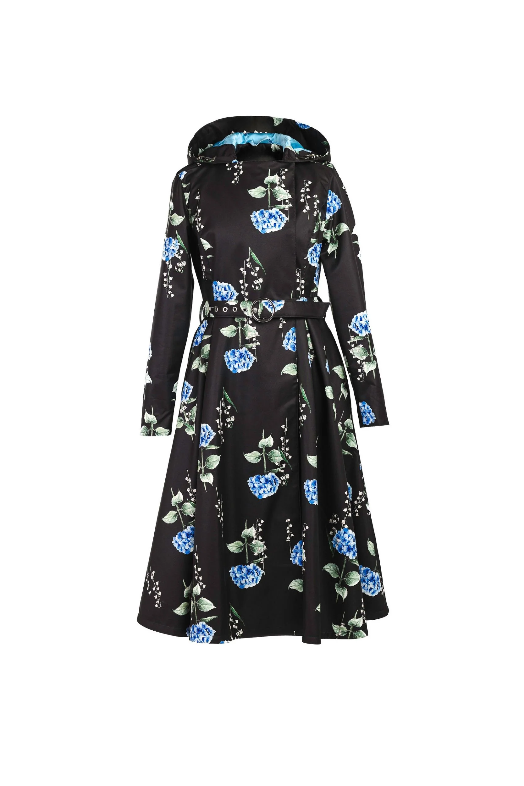 Double Breasted Trench Coat in Black with Floral Print | Flower Moon - Image 9