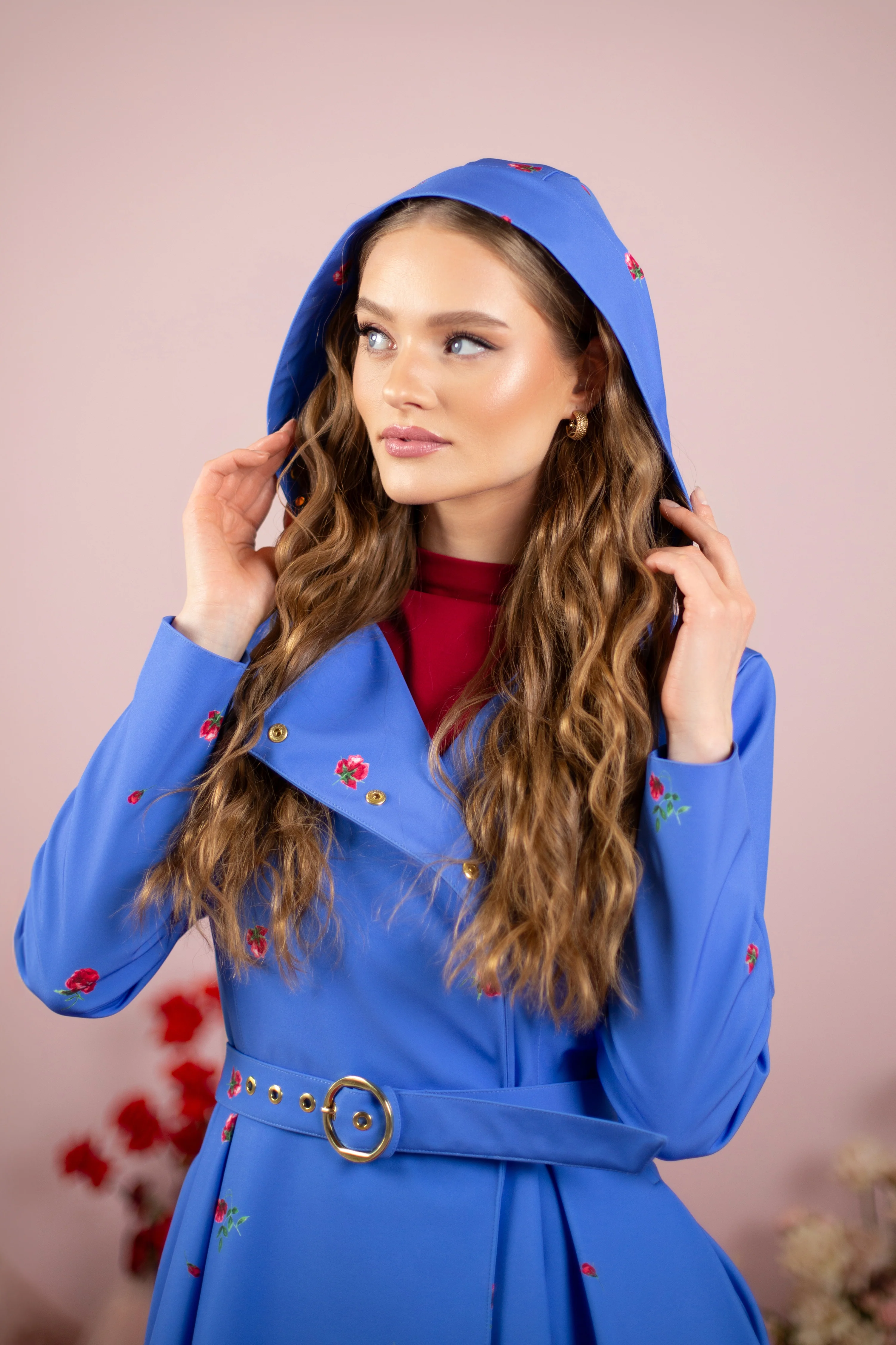 Double Breasted Trench Coat in Blue with Flower Print | Forget-Me-Not - Image 3