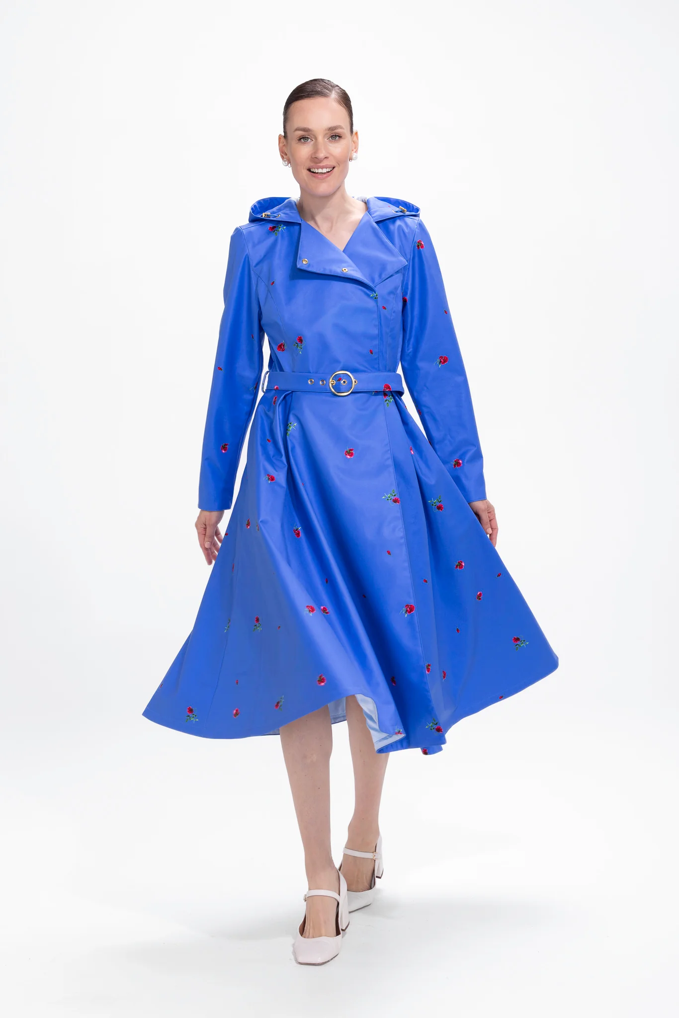 Double Breasted Trench Coat in Blue with Flower Print | Forget-Me-Not - Image 4