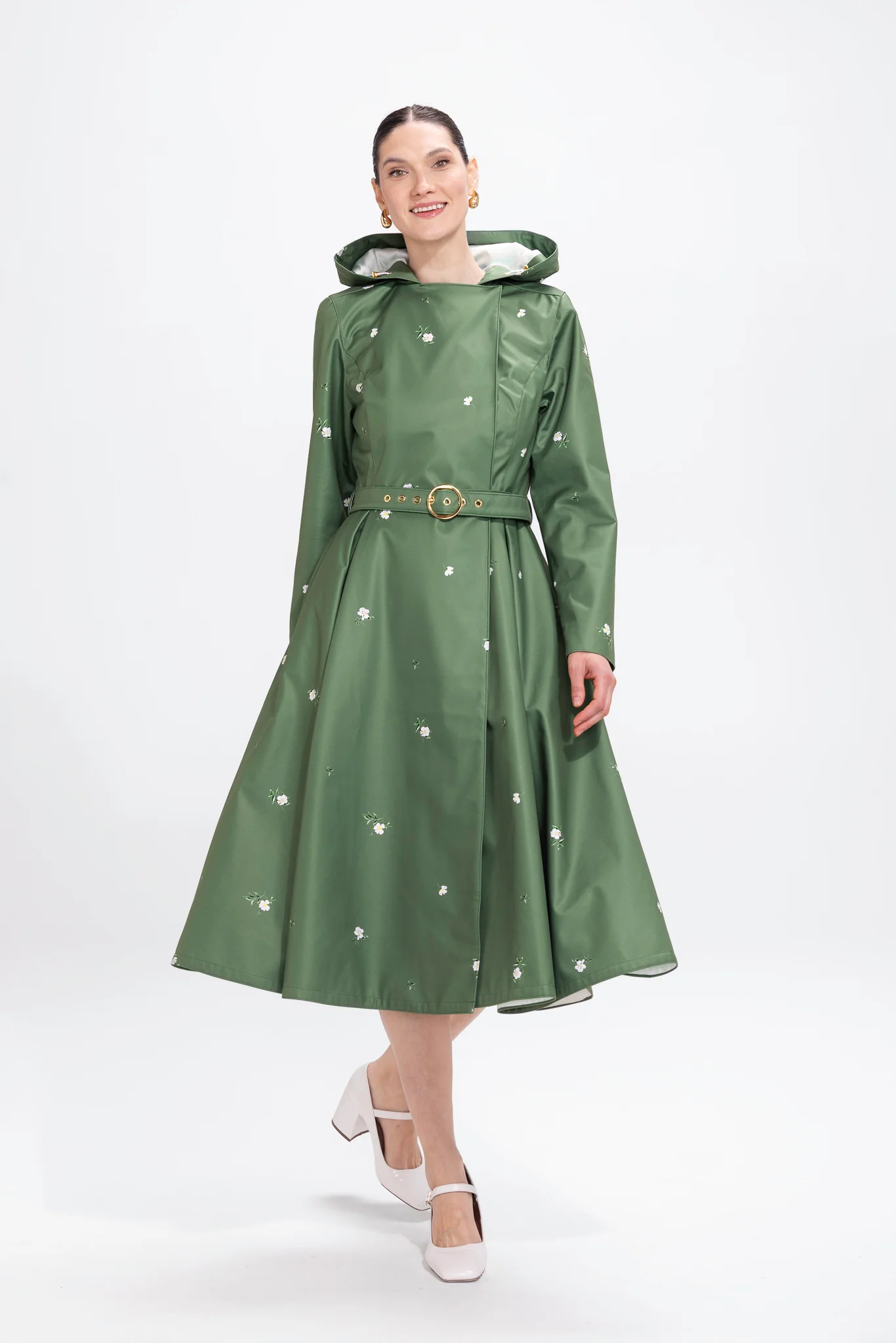 Double Breasted Trench Coat in Green with Flower Print | Primrose in Bloom - Image 4