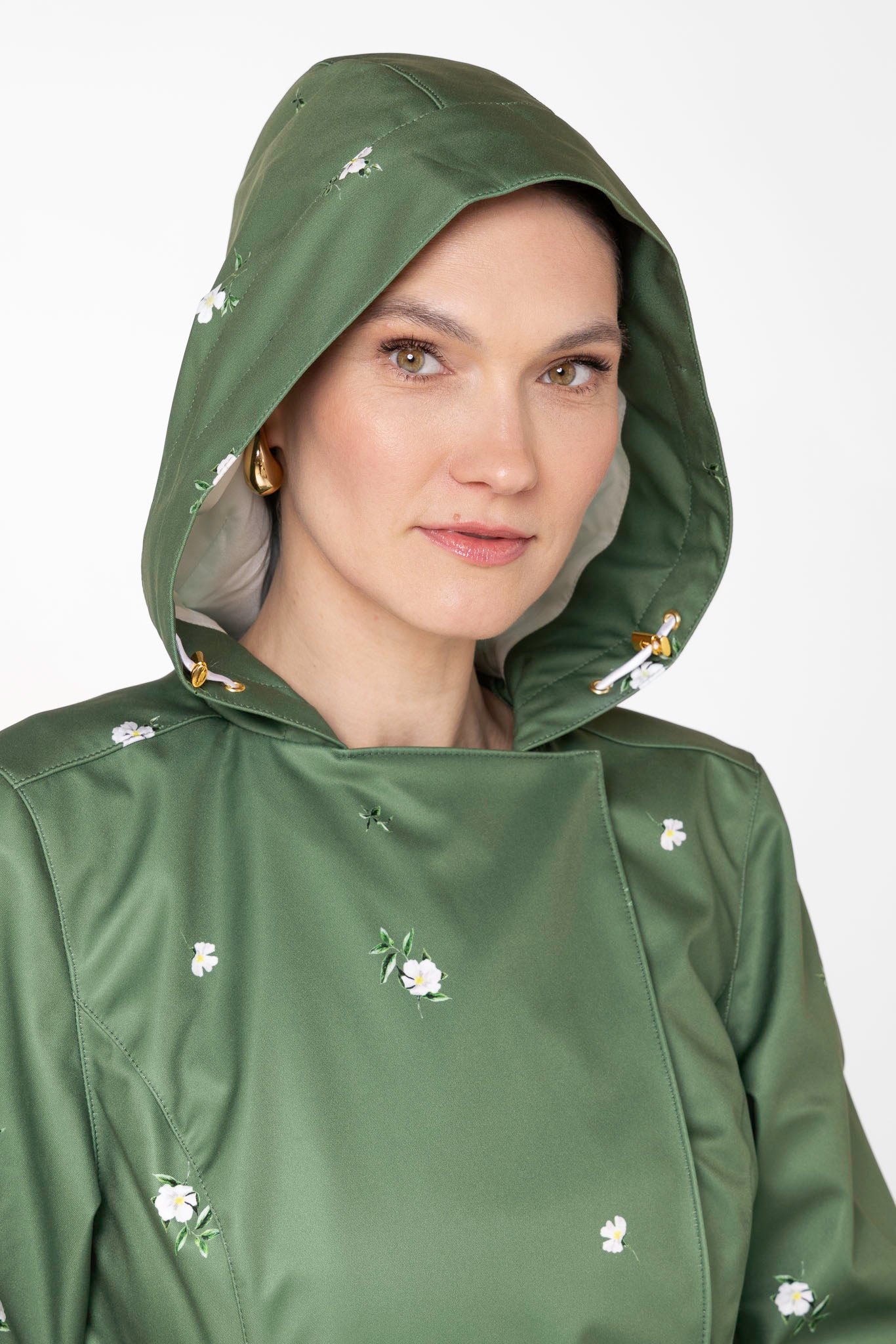 Double Breasted Trench Coat in Green with Flower Print | Primrose in Bloom - Image 6