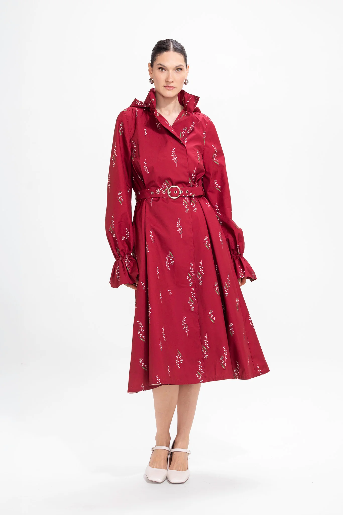 Double Breasted Women's Spring Coat with Front Pleats in Red | Crimson Lily
