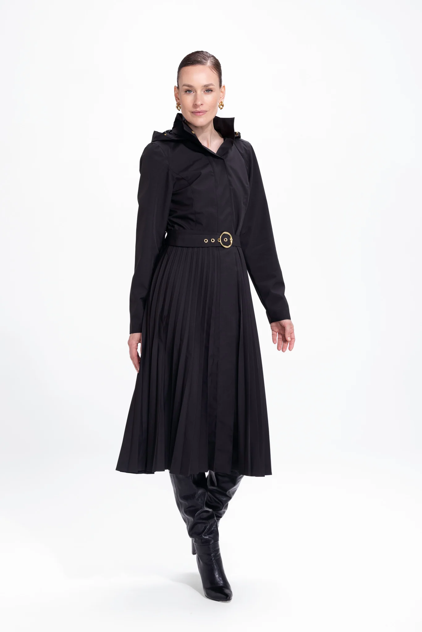 Fit and Flare Coat with A-Line Pleated Skirt for Spring in Black | Black Sway - Image 4