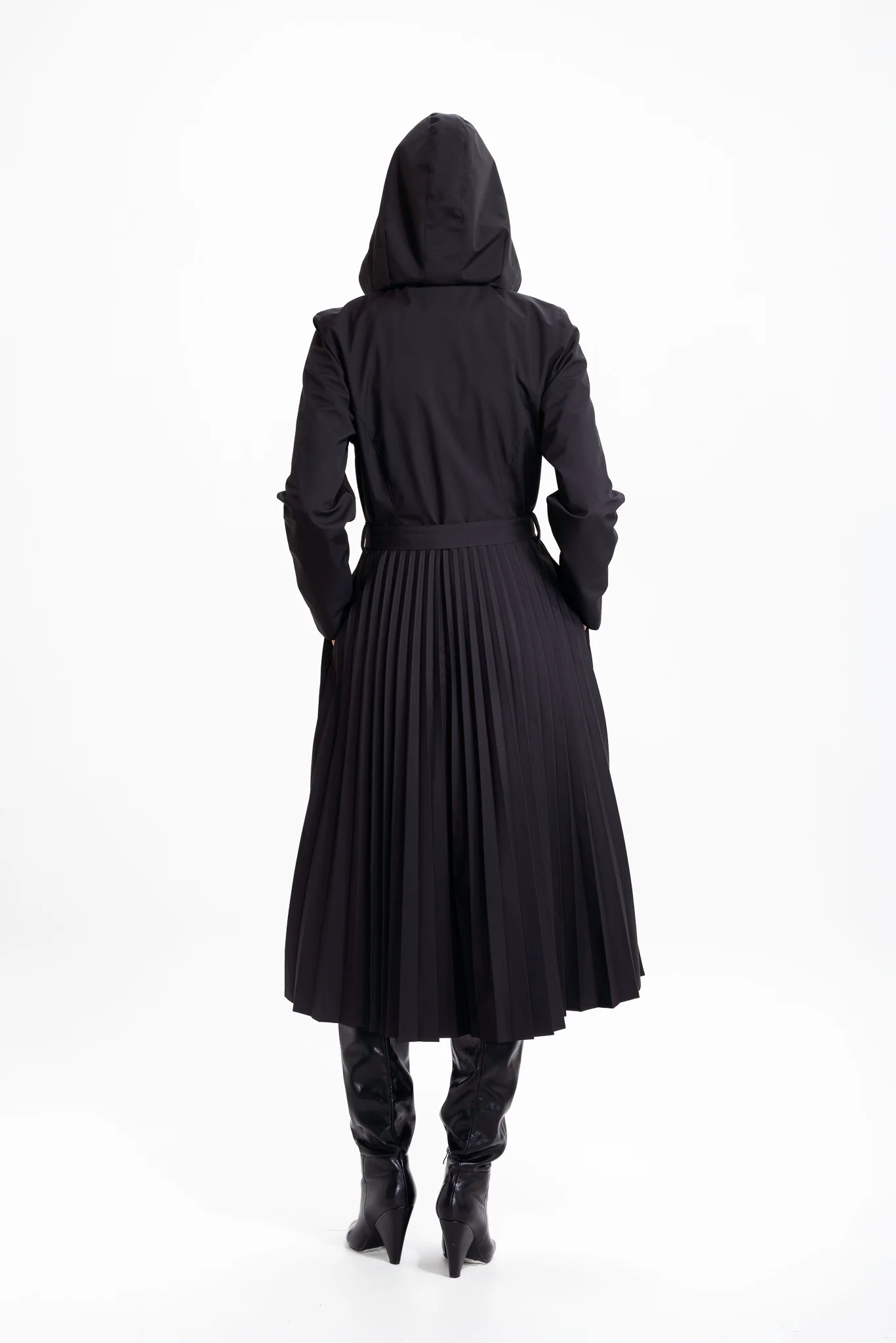 Fit and Flare Coat with A-Line Pleated Skirt for Spring in Black | Black Sway - Image 5
