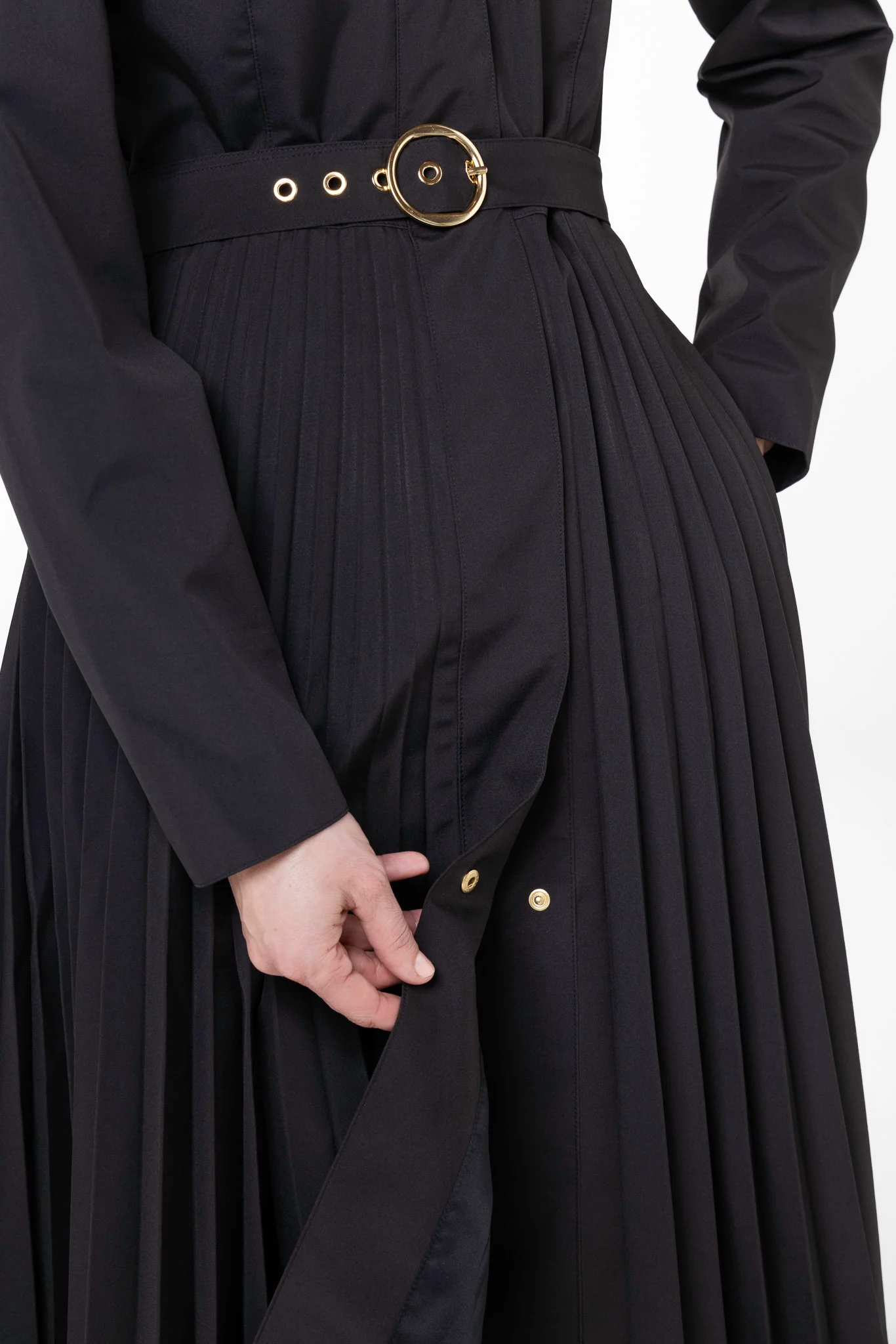 Fit and Flare Coat with A-Line Pleated Skirt for Spring in Black | Black Sway - Image 7