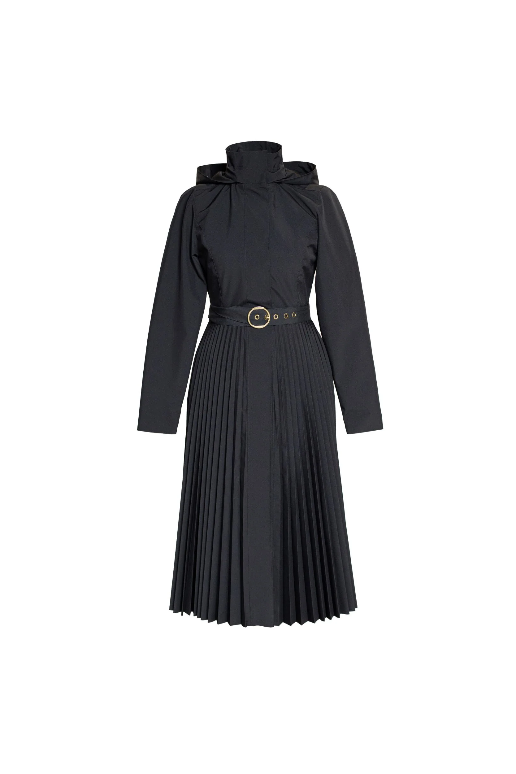 Fit and Flare Coat with A-Line Pleated Skirt for Spring in Black | Black Sway - Image 9