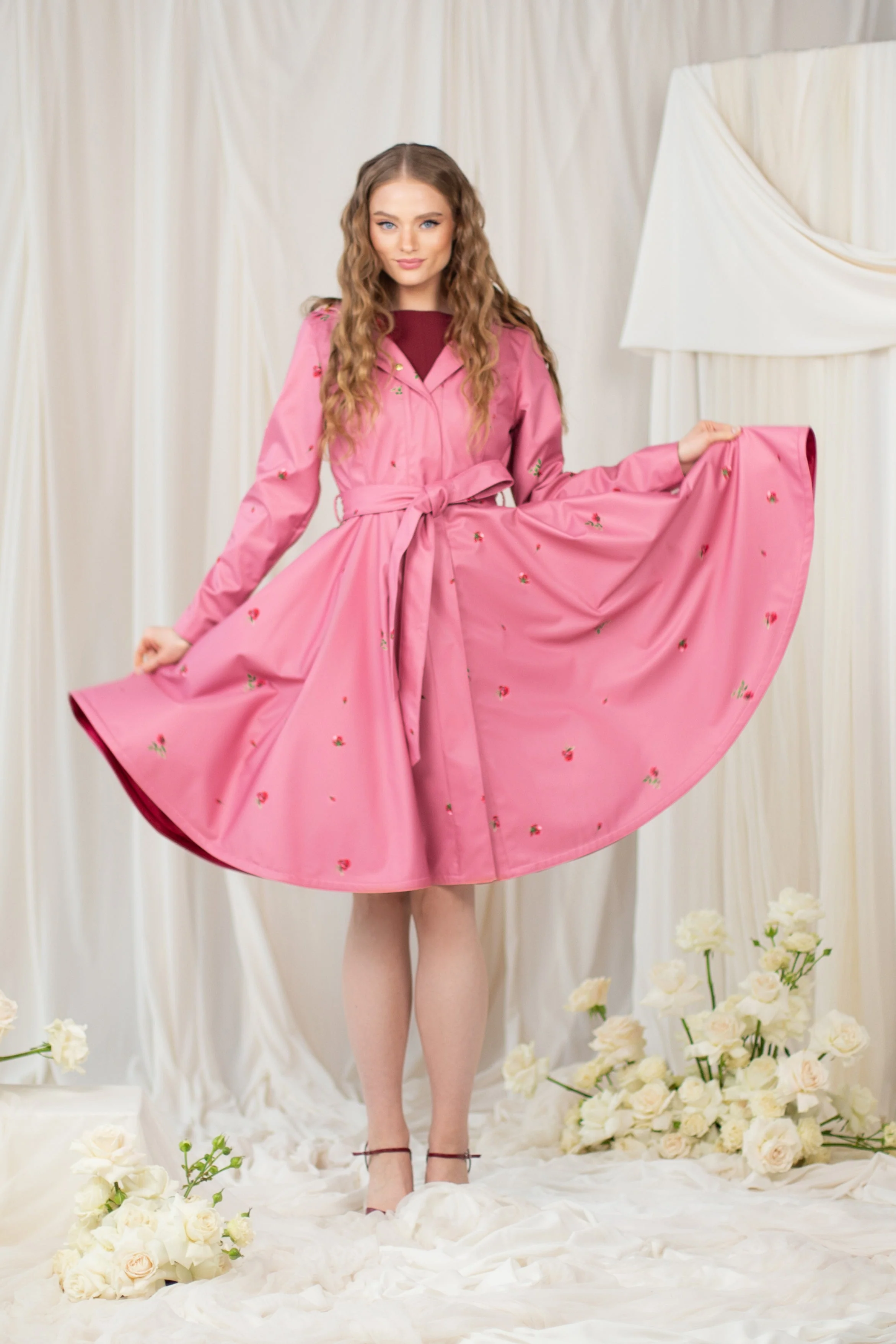 Fit and Flare Coat with Full Circle Skirt in Pink | Raspberry Sorbet - Image 2