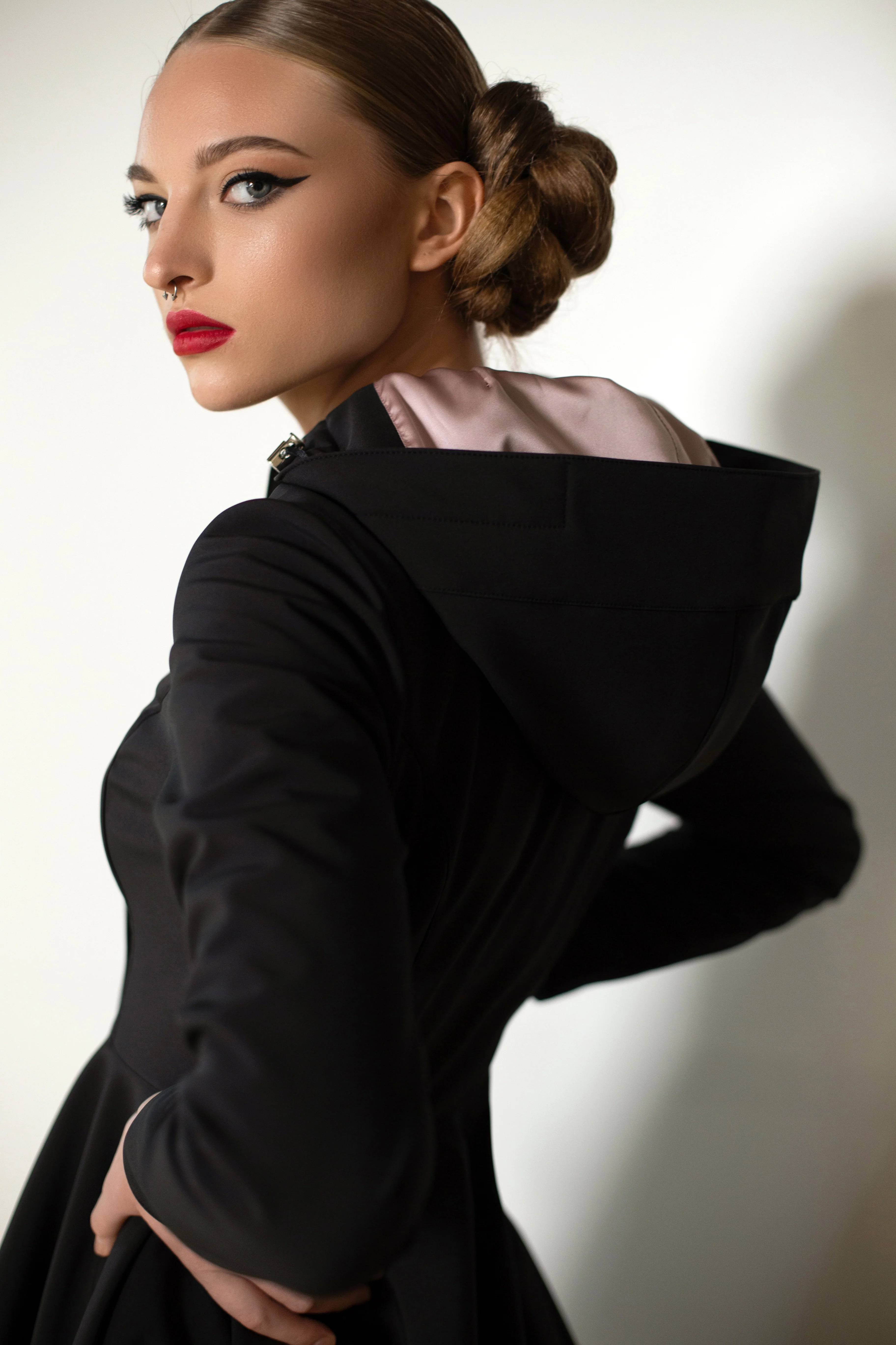 Fit and Flare Coat with Full Circle Skirts in Black and Ash Pink | Midnight Black - Image 3