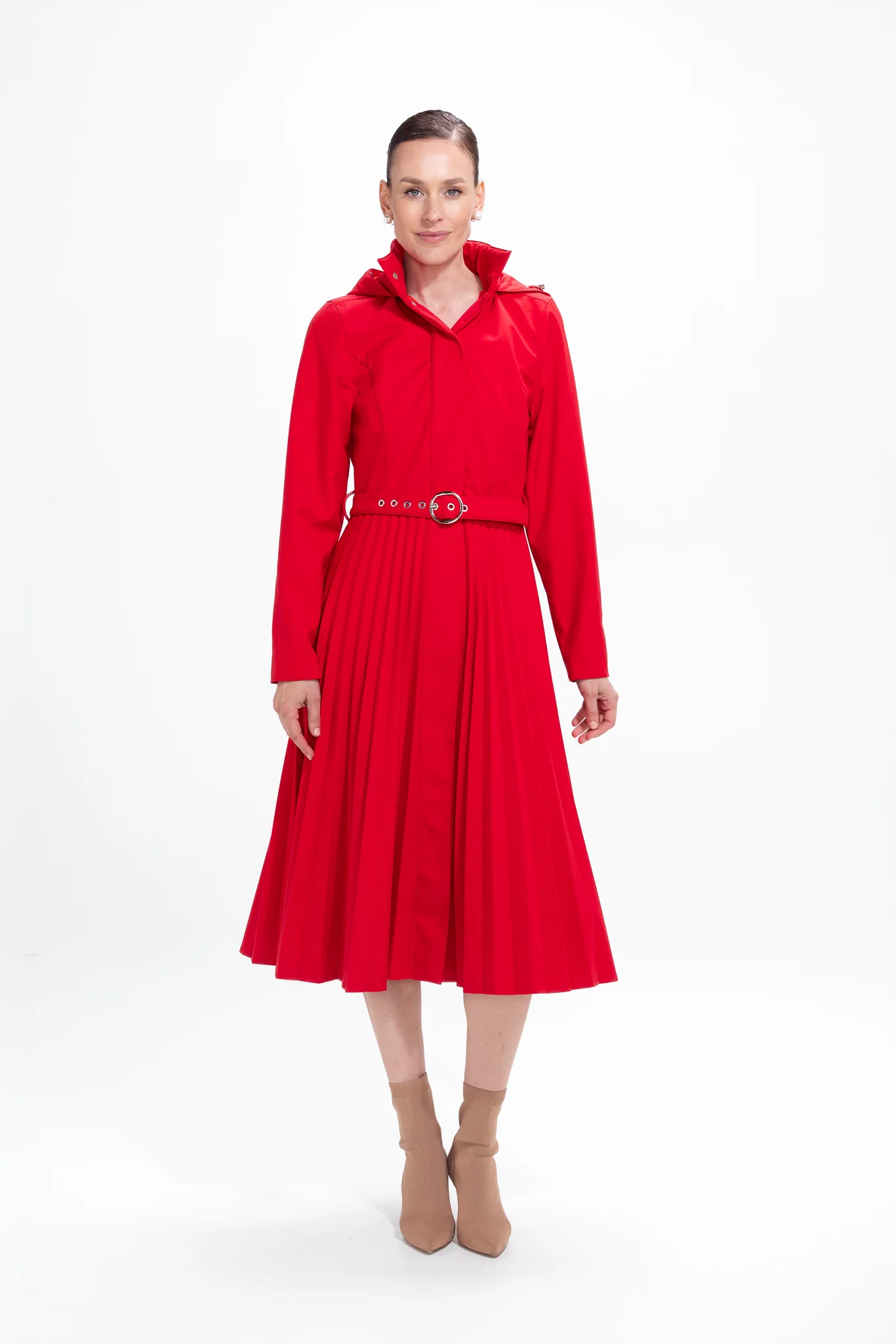 Fit and Flare Red Women's A-line Coat with Pleated Skirt | Scarlet Waltz - Image 4