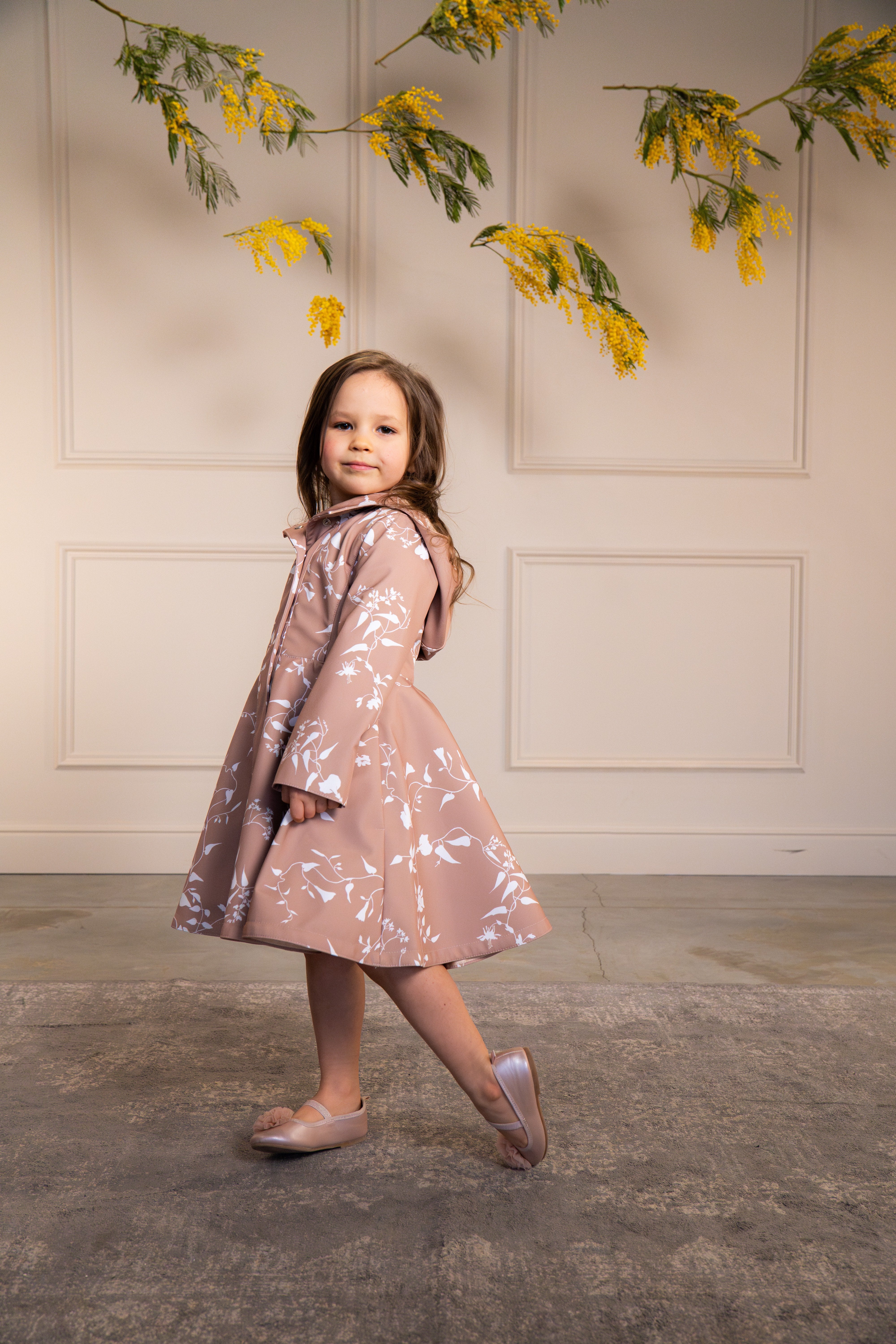 Fitted and Flared Coat for Girls in Pink-Beige with White Floral Print | Rose Blush - Image 2