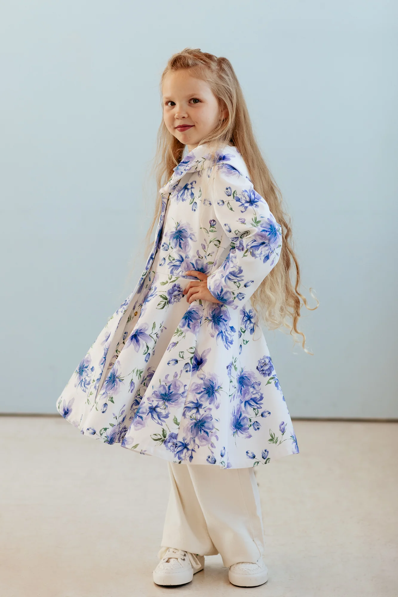 White Fitted and Flared Coat for Girls with Blue Flower Print | Blue Whisper