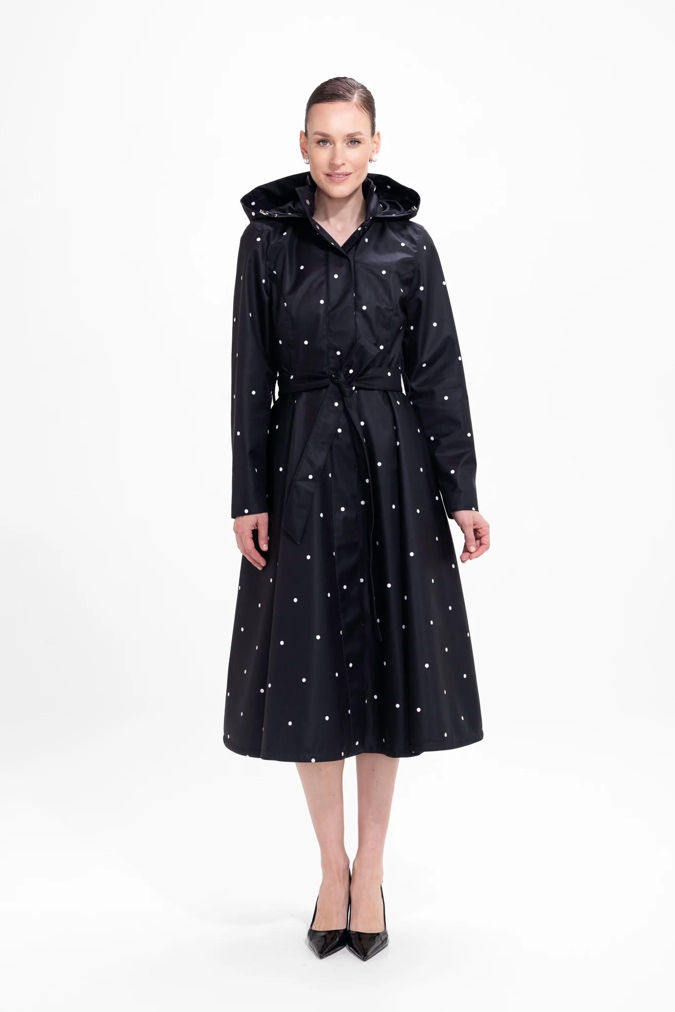 Fit and Flare Coat with A-Line Skirt in Black | Timeless Polka Dots