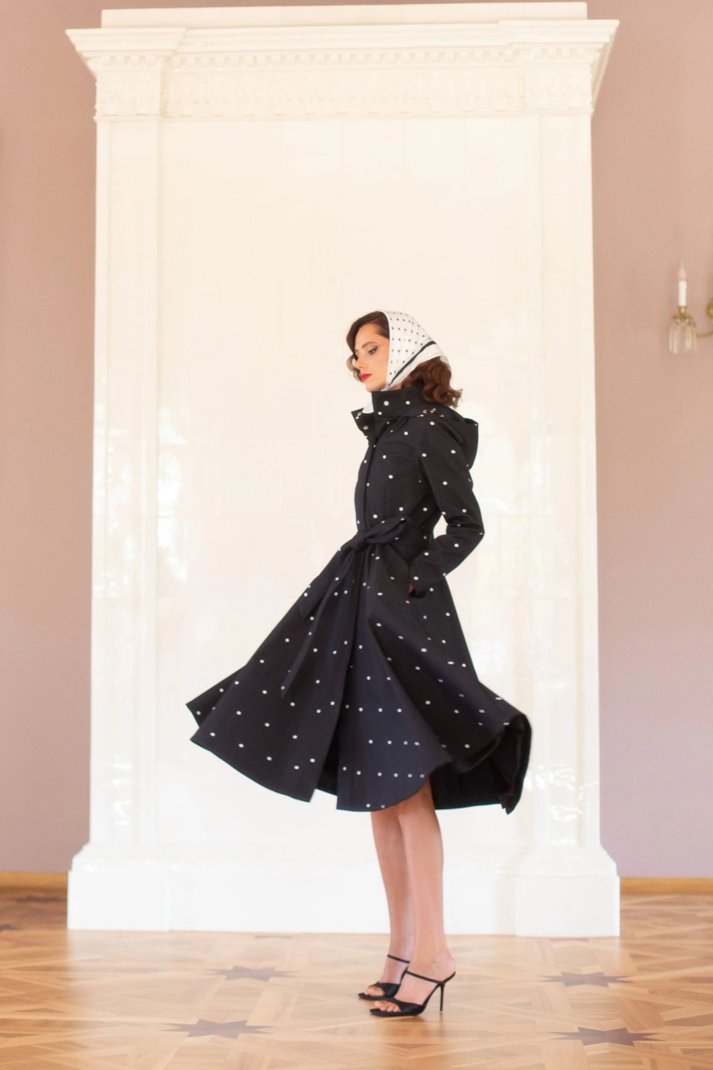 Fit and Flare Coat with A-Line Skirt in Black | Timeless Polka Dots - Image 2
