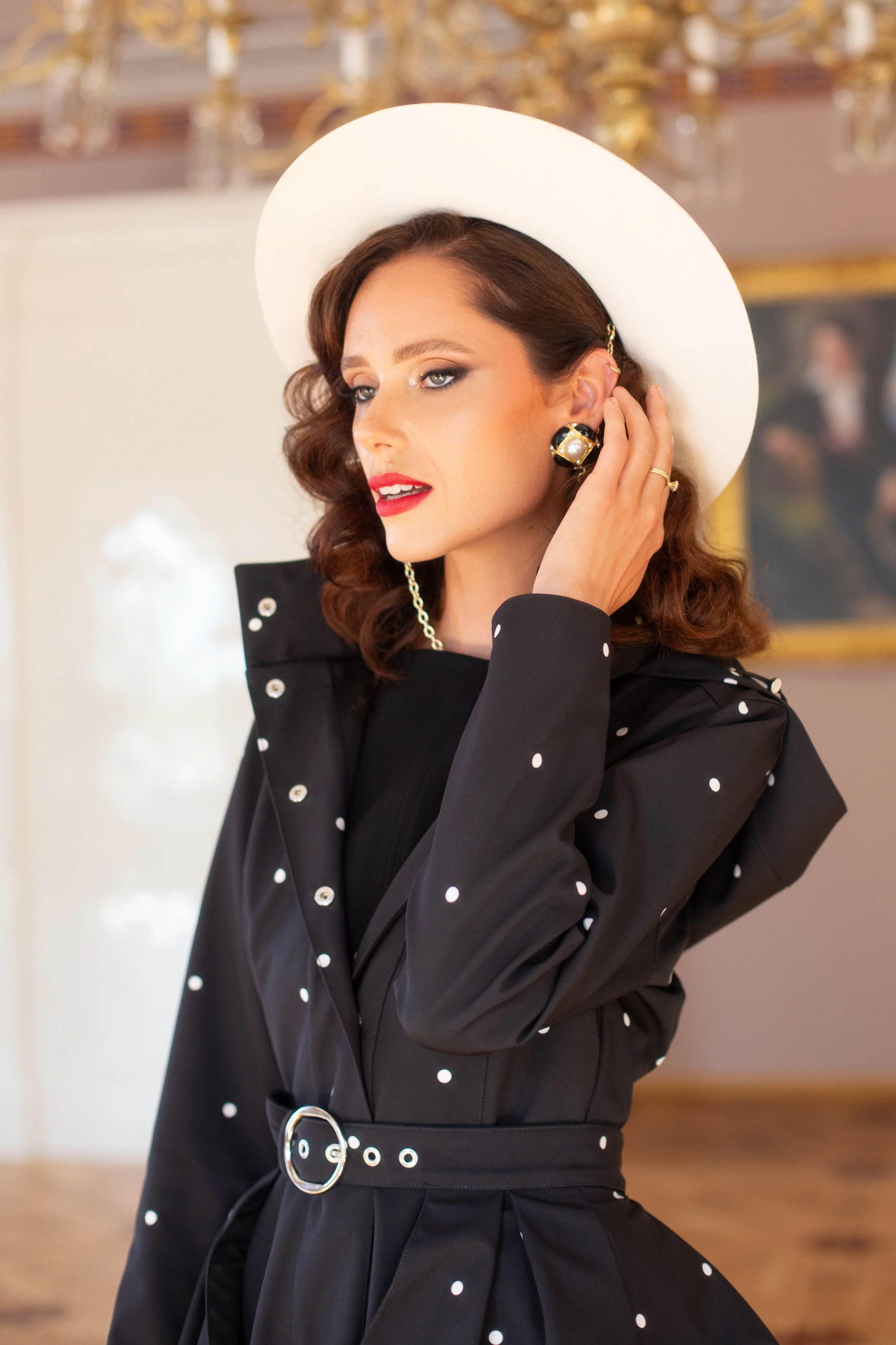 Fit and Flare Coat with A-Line Skirt in Black | Timeless Polka Dots - Image 3