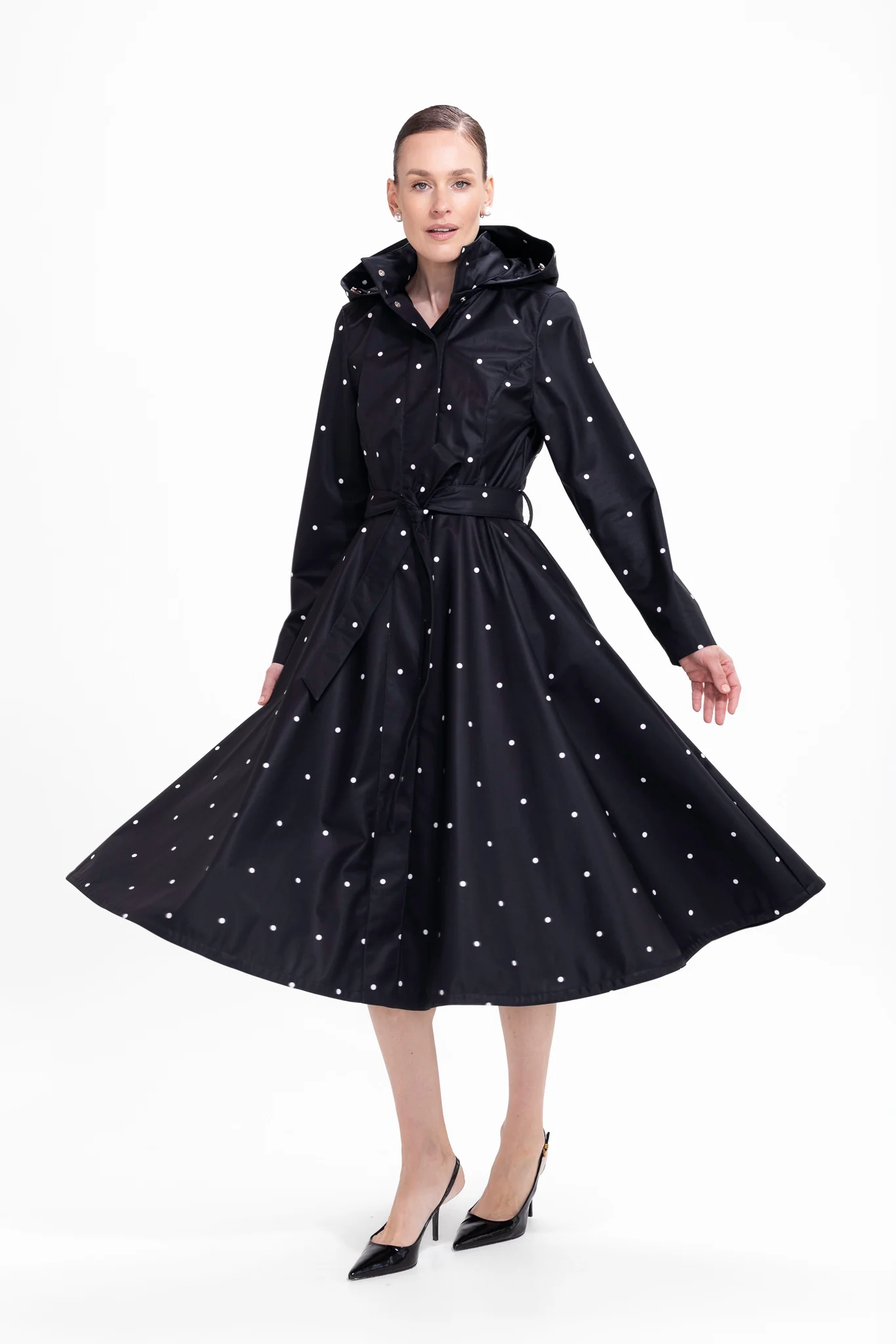 Fit and Flare Coat with A-Line Skirt in Black | Timeless Polka Dots - Image 4