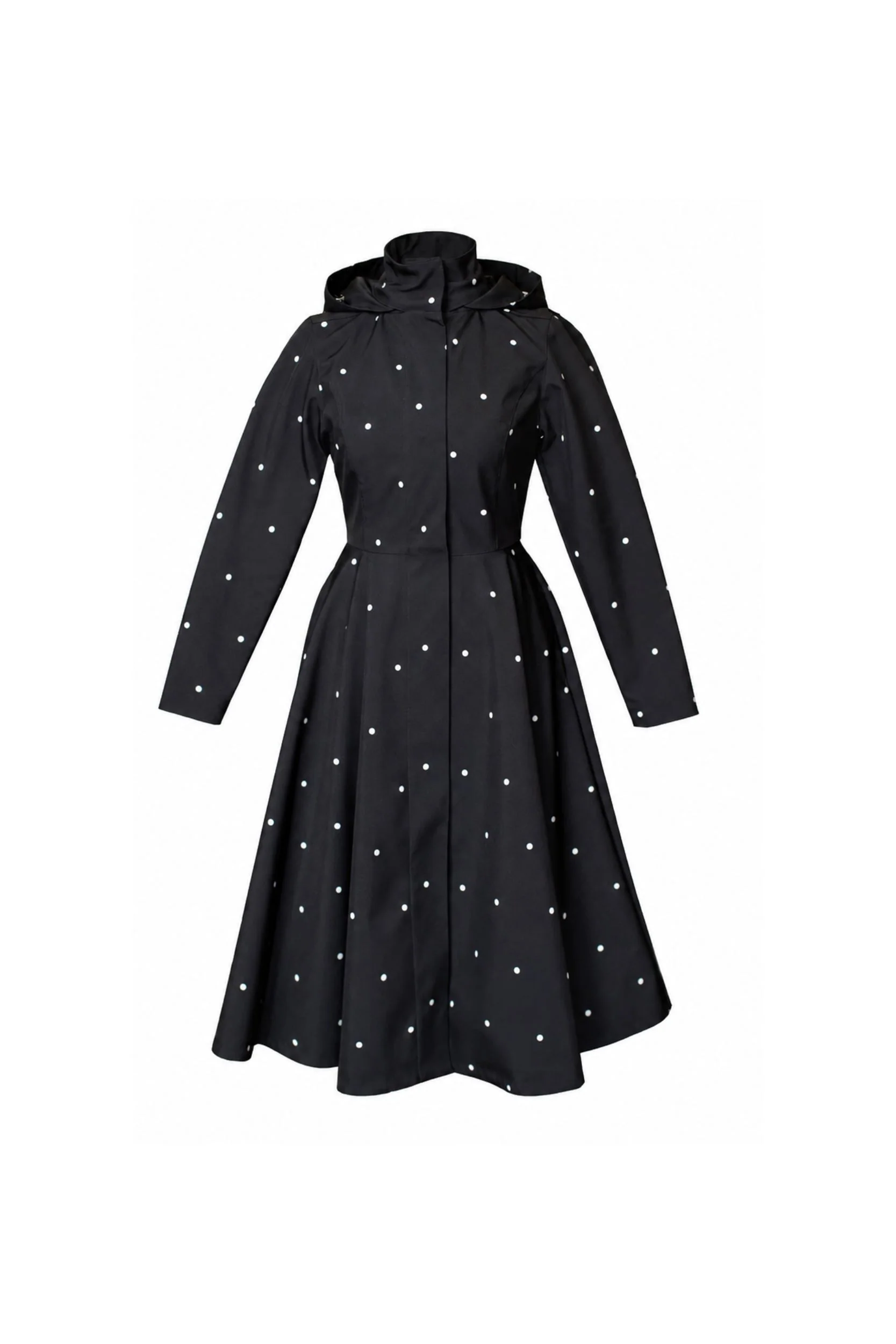 Fit and Flare Coat with A-Line Skirt in Black | Timeless Polka Dots - Image 9