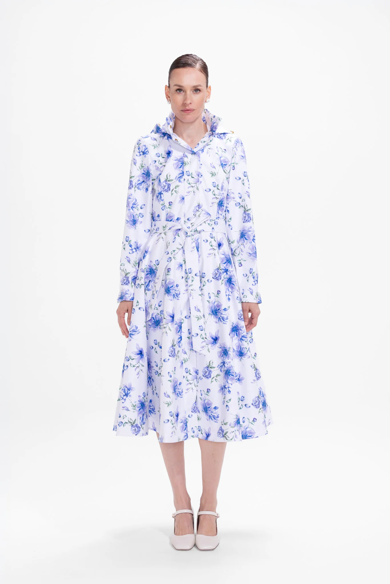 Fit and Flare Coat with A-Line Skirt in White with Blue Flower Print | Floral White