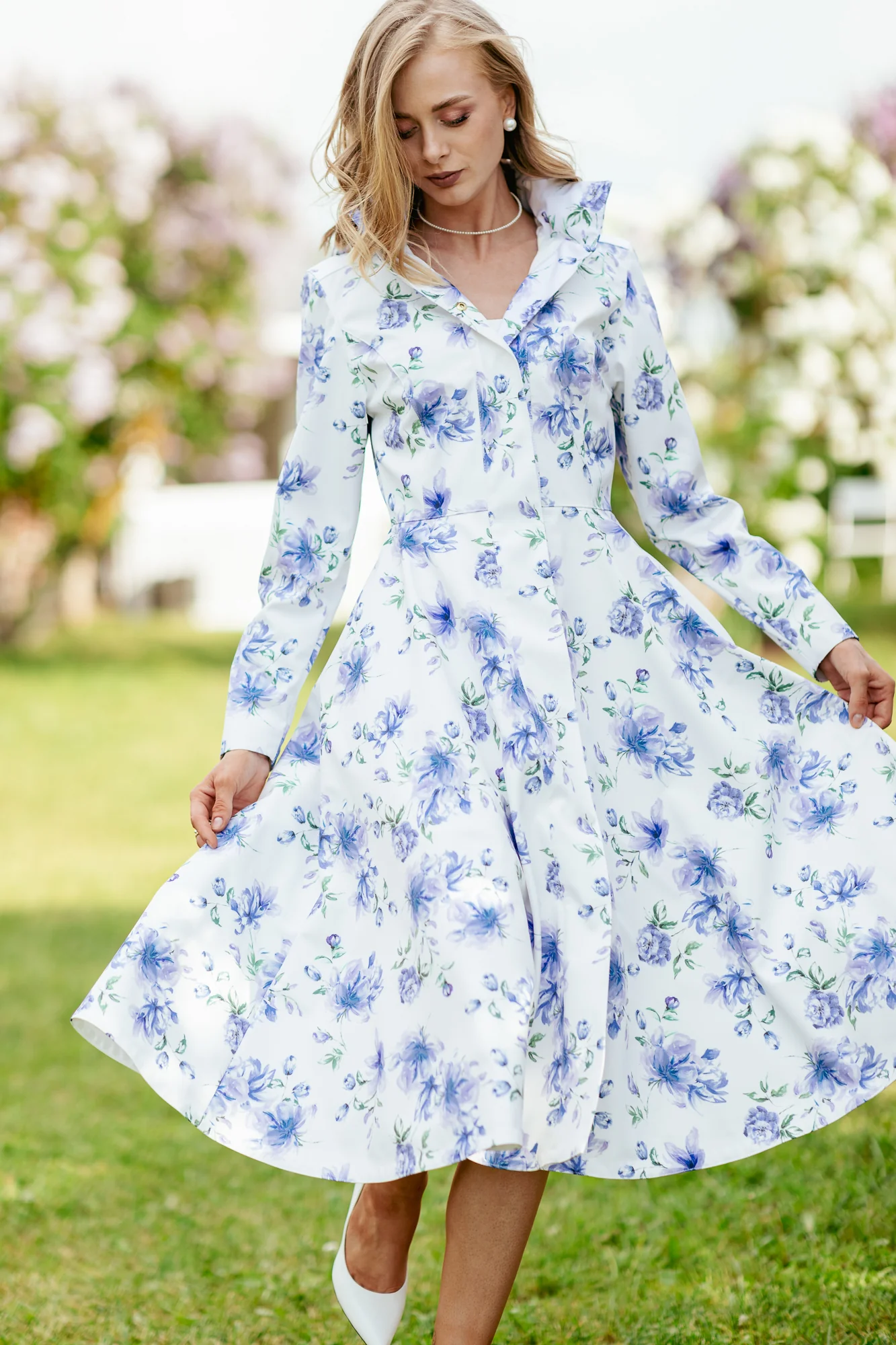 Fit and Flare Coat with A-Line Skirt in White with Blue Flower Print | Floral White - Image 2