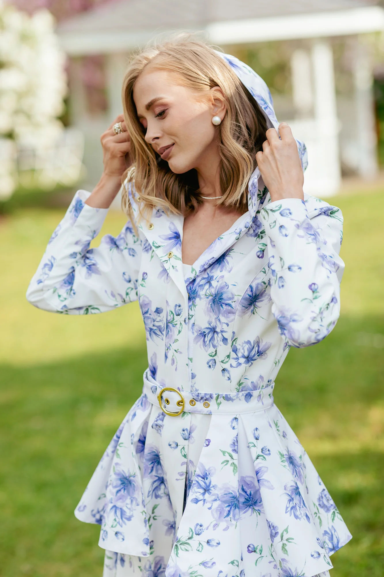 Fit and Flare Coat with A-Line Skirt in White with Blue Flower Print | Floral White - Image 3