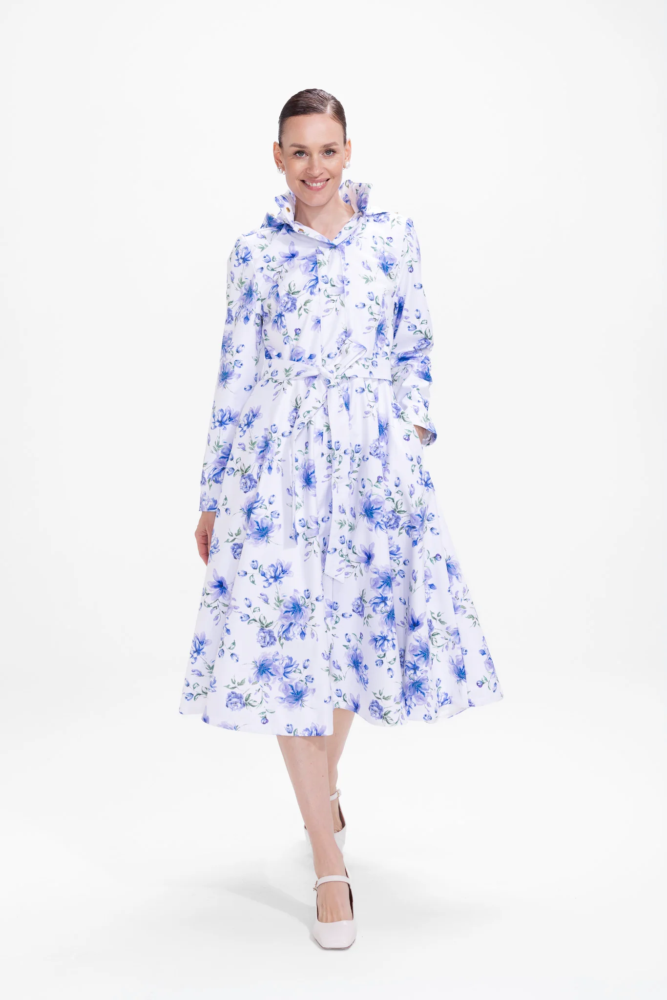 Fit and Flare Coat with A-Line Skirt in White with Blue Flower Print | Floral White - Image 4