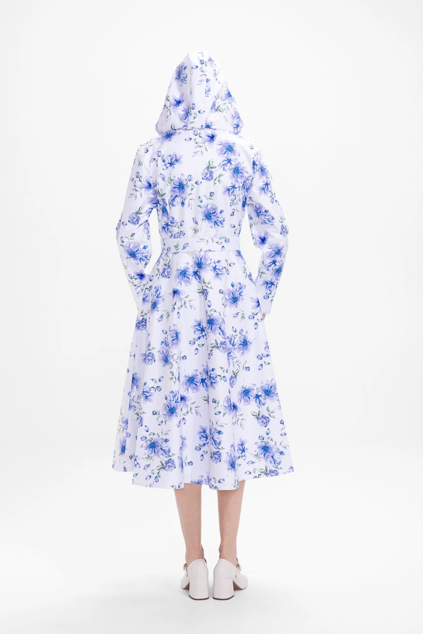 Fit and Flare Coat with A-Line Skirt in White with Blue Flower Print | Floral White - Image 5