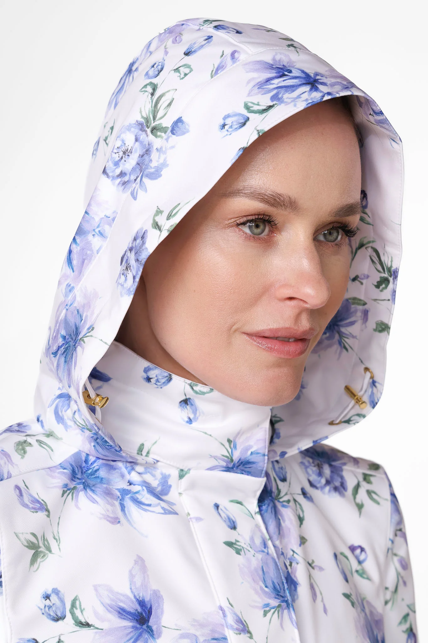 Fit and Flare Coat with A-Line Skirt in White with Blue Flower Print | Floral White - Image 6