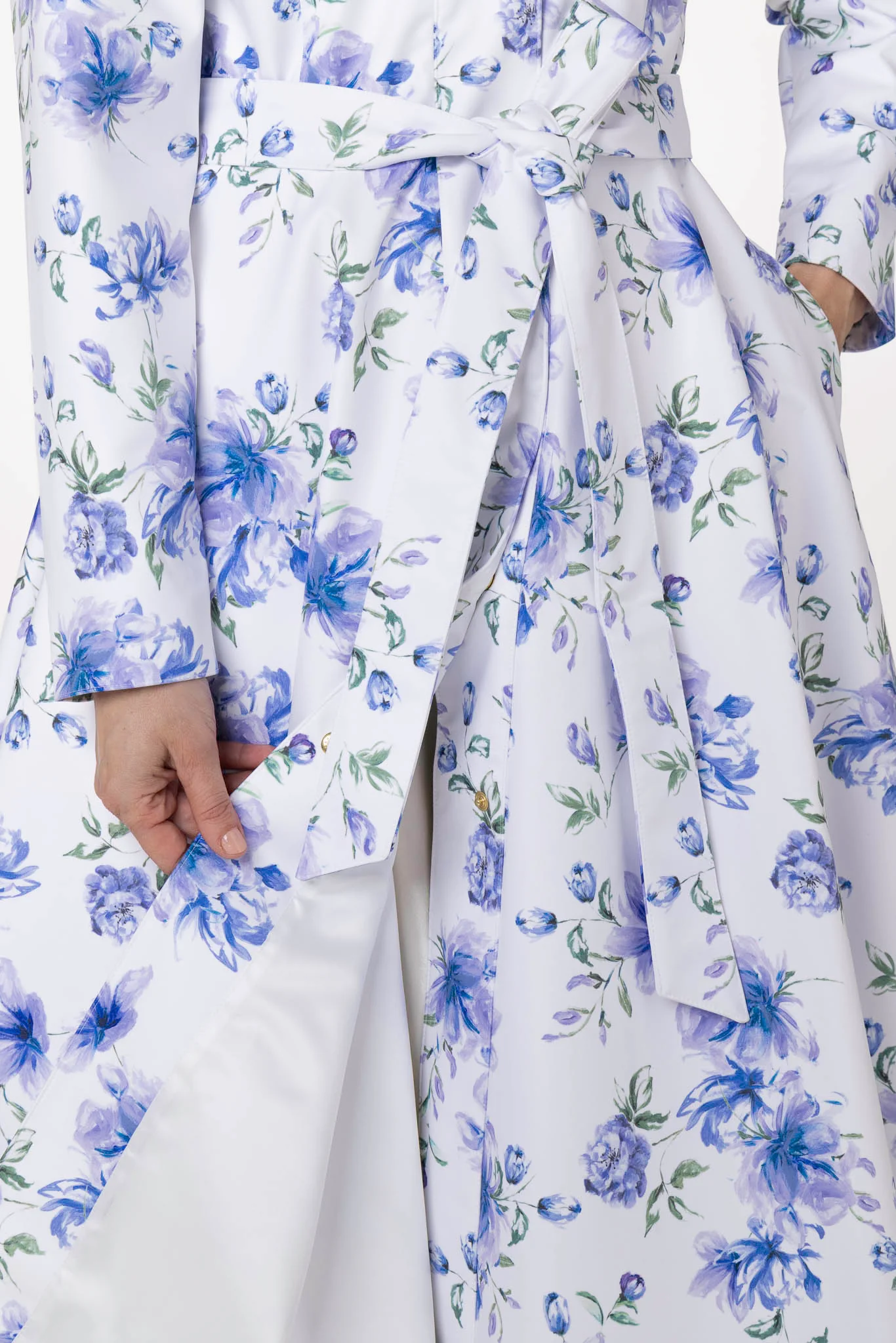 Fit and Flare Coat with A-Line Skirt in White with Blue Flower Print | Floral White - Image 8