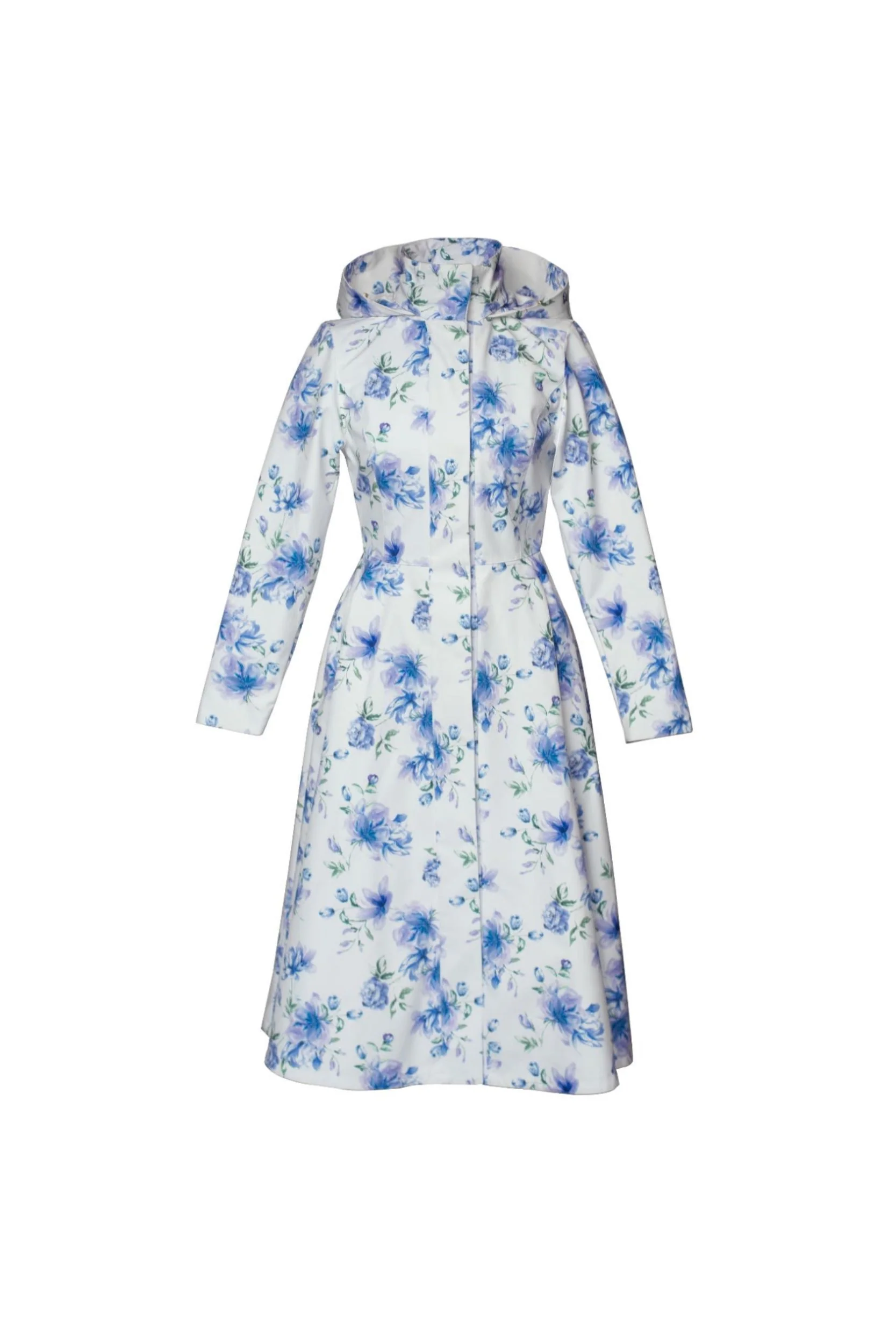 Fit and Flare Coat with A-Line Skirt in White with Blue Flower Print | Floral White - Image 9